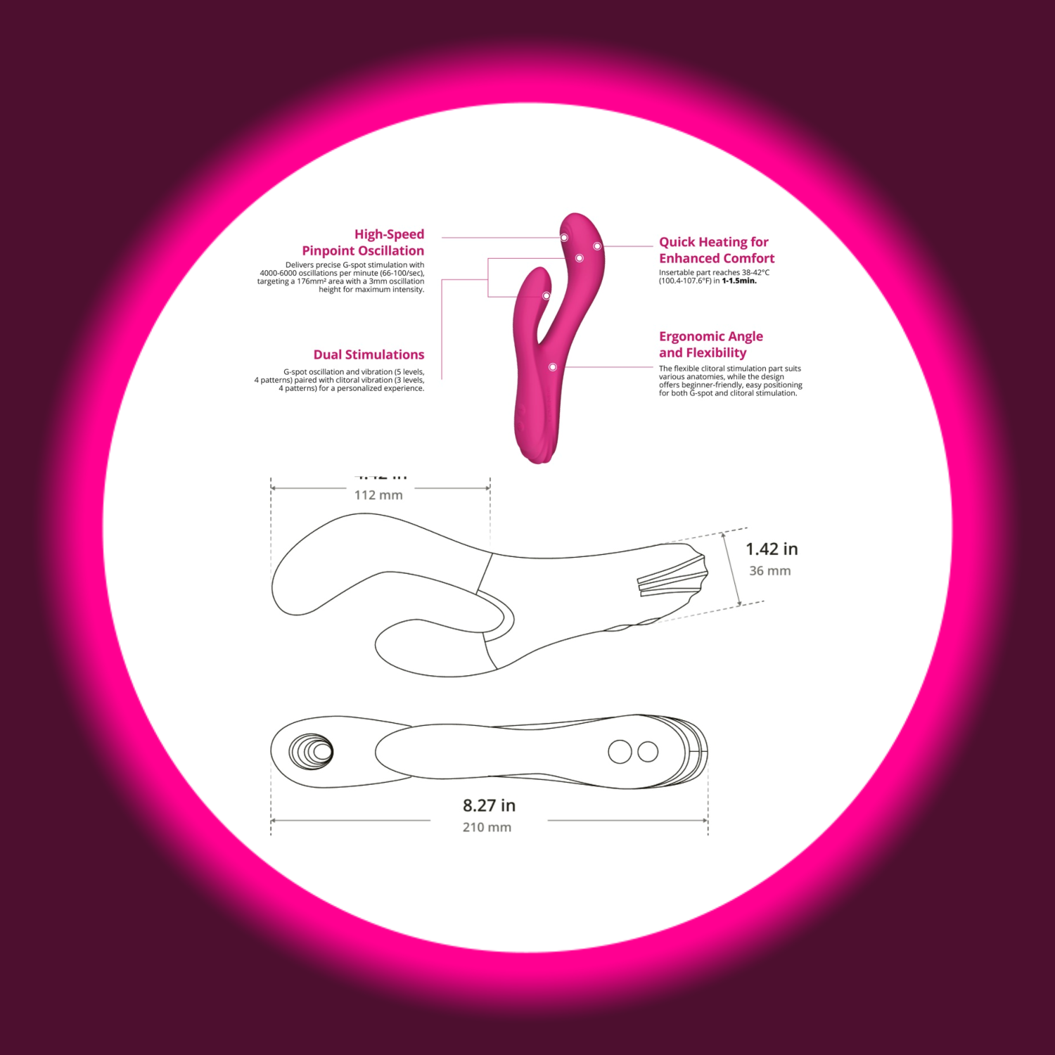 schematische Darstellung von Funktion und Maßen des pinken Rabbitvibrator Osci 3 von Lovense