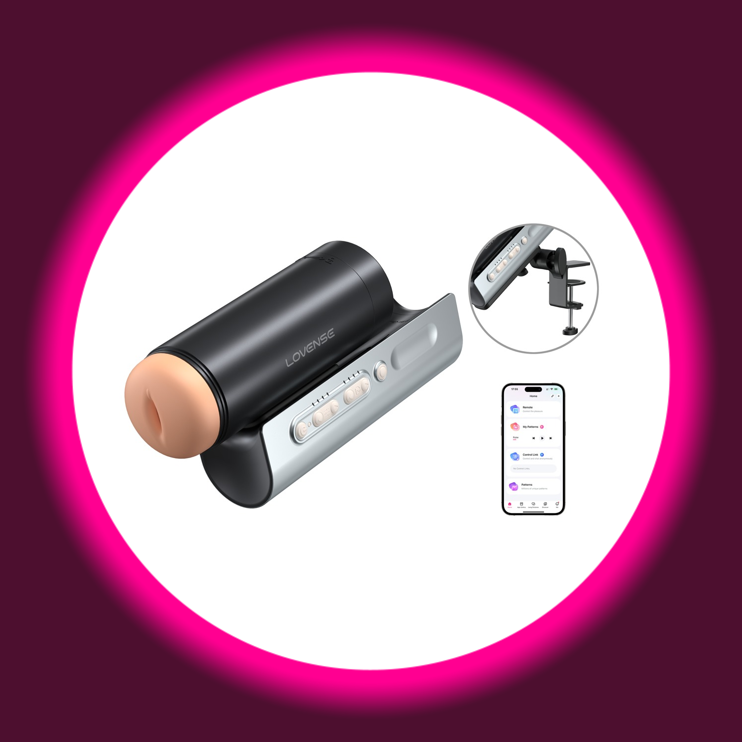 Winkelansicht schwarzer Masturbator mit silberner Halterung und Remote-App, Lovense Solace Pro