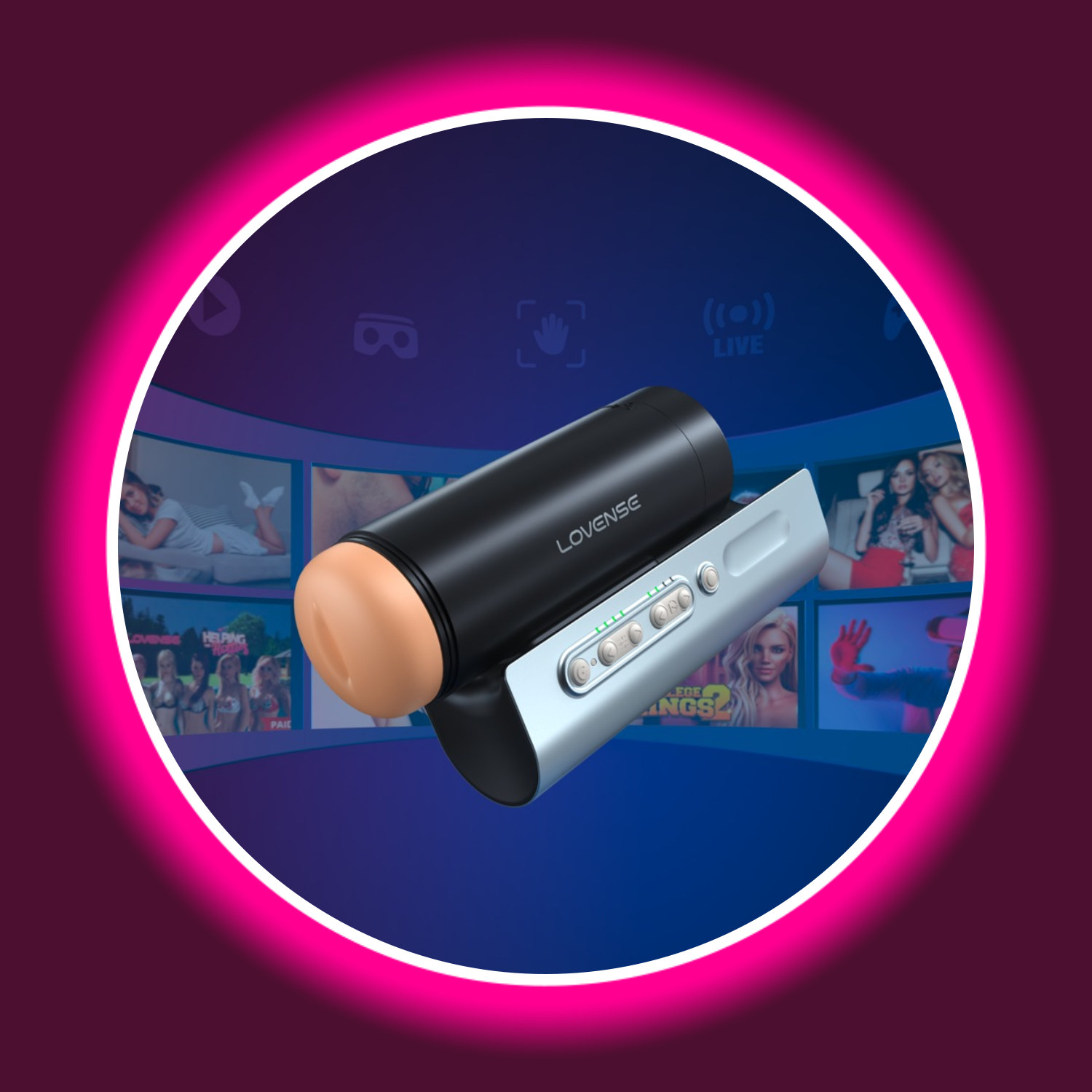 Winkelansicht schwarzer Masturbator mit silberner Halterung, blauer Hintergrund mit Bildern, Lovense Solace Pro