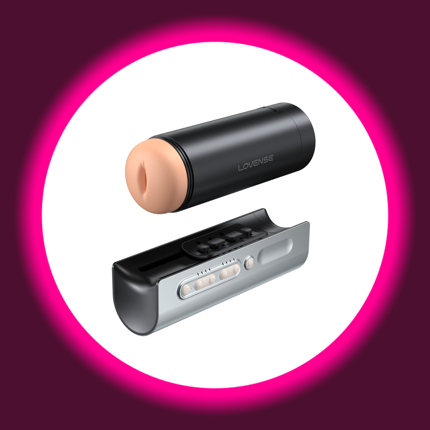 Winkelansicht schwarzer Masturbator mit silberner Halterung und hautfarbener Innensleeve, Lovense Solace Pro