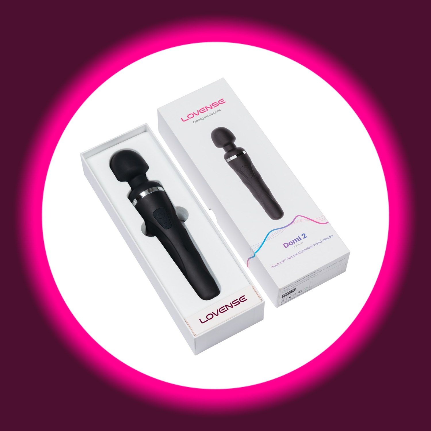 geöffnete Produktverpackung des schwarzen Wandvibrators Domi 2 von Lovense
