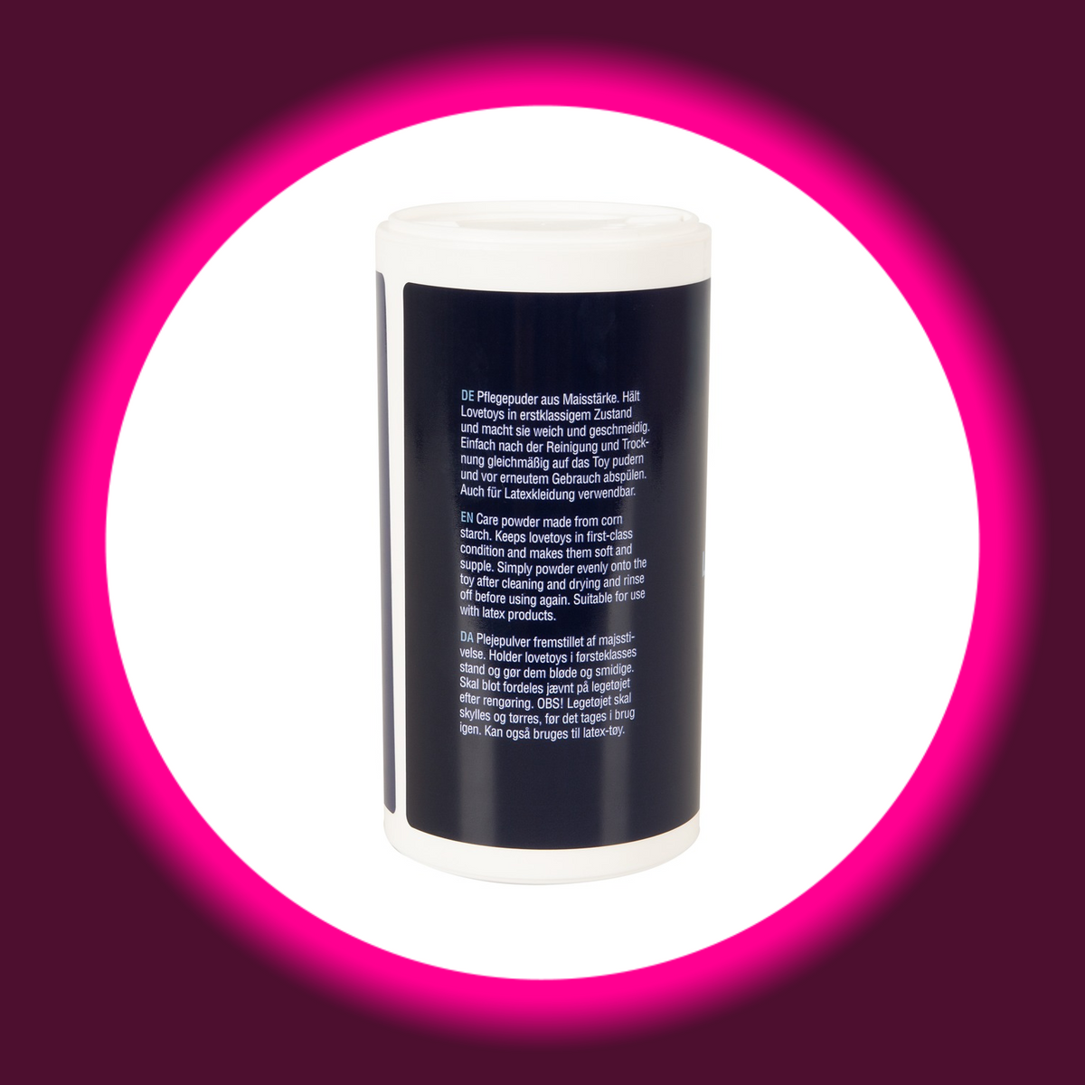 Lovetoy Care Powder Pflegepuder, Rückansicht der weißen Dose mit dunkelblauem Etikett und Anwendungshinweisen auf Deutsch und Englisch