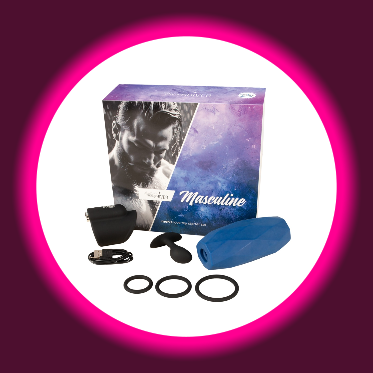 Verkaufsverpackung Lovetoy-Set mit davor ausgebreiteten schwarzen und blauen Sextoys, Magic Shiver