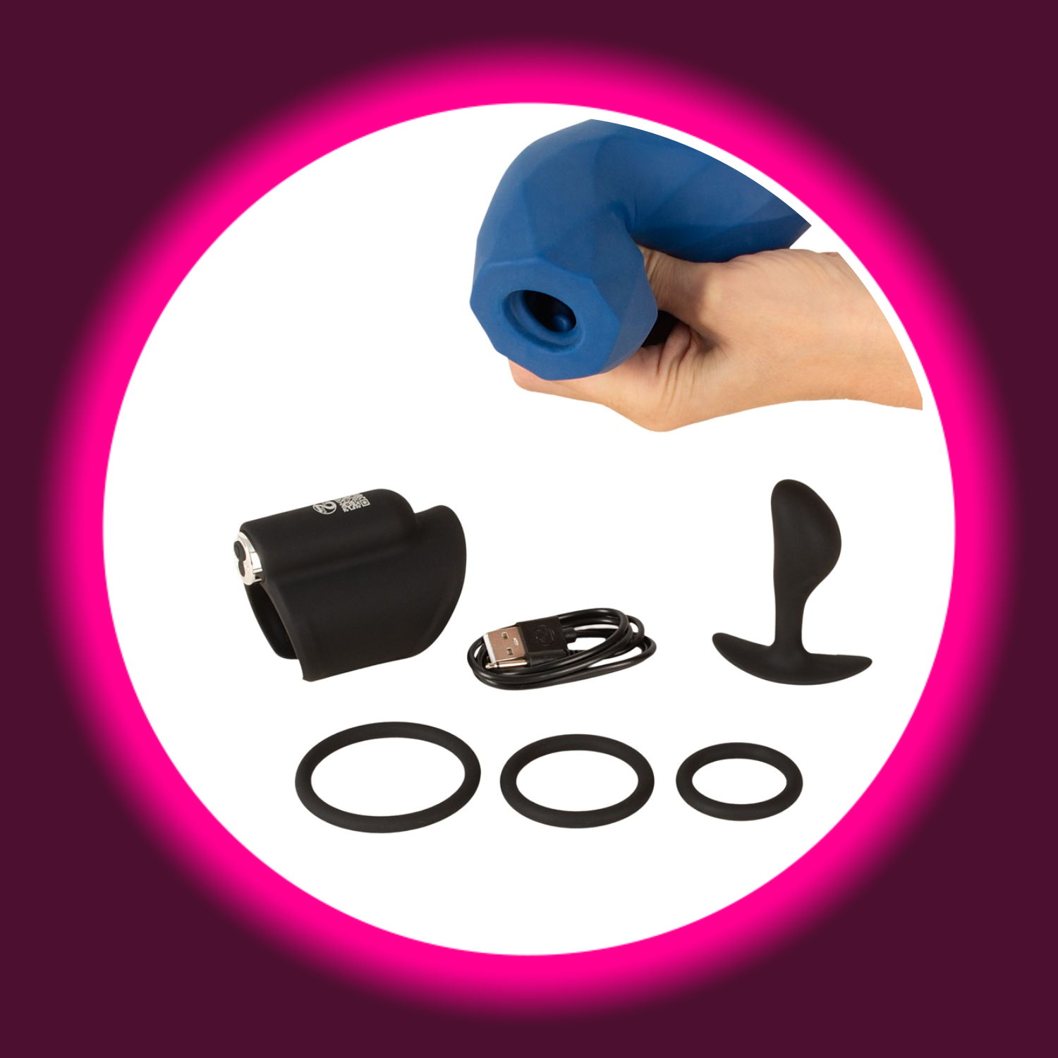 eine Hand hält blauen Stroker, darunter ein Masturbator, ein Analplug, Penisringe und ein USB-Kabel, Magic Shiver