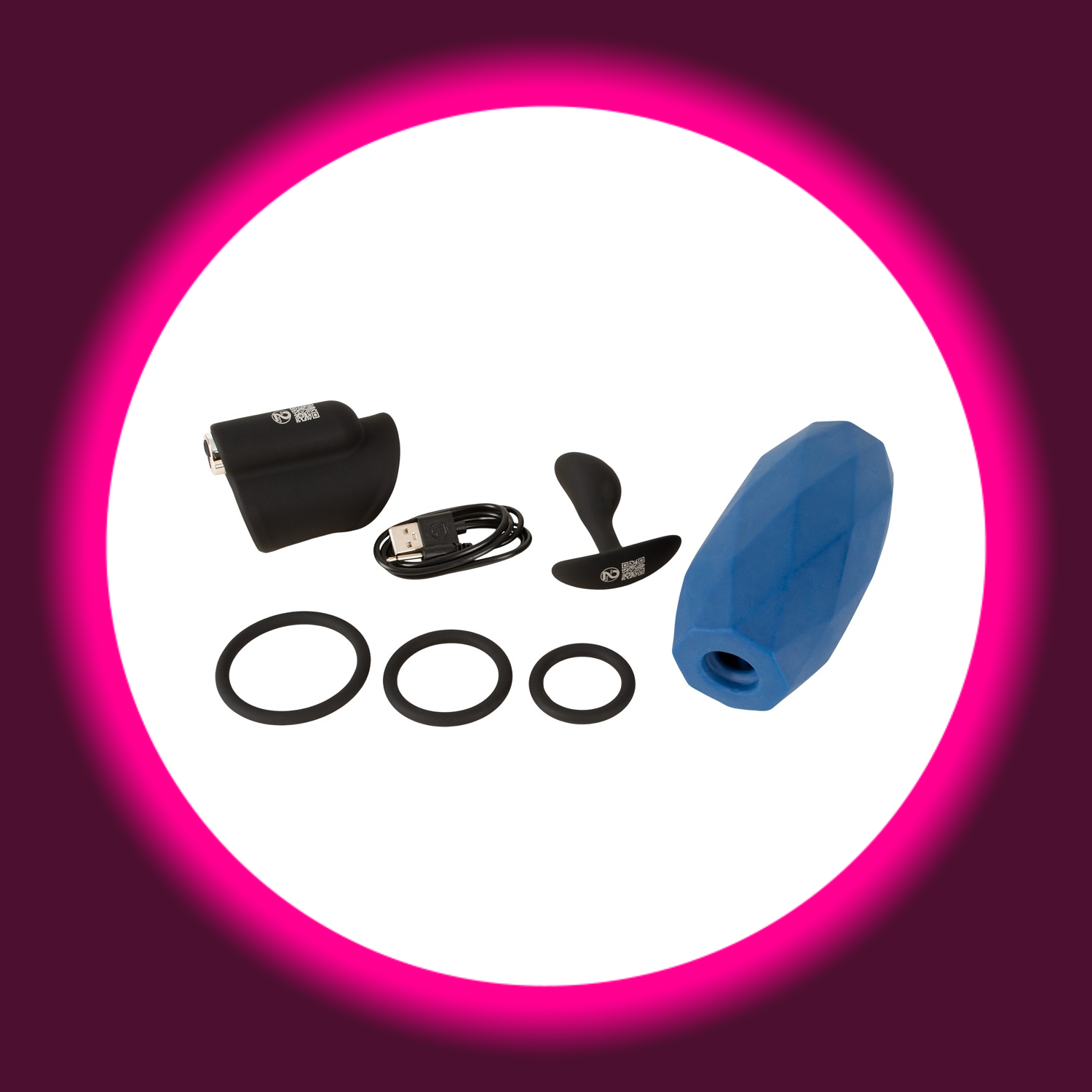 Ansammlung von verschiedenen Sextoys in schwarz und blau inklusive USB-Ladekabel, Magic Shiver