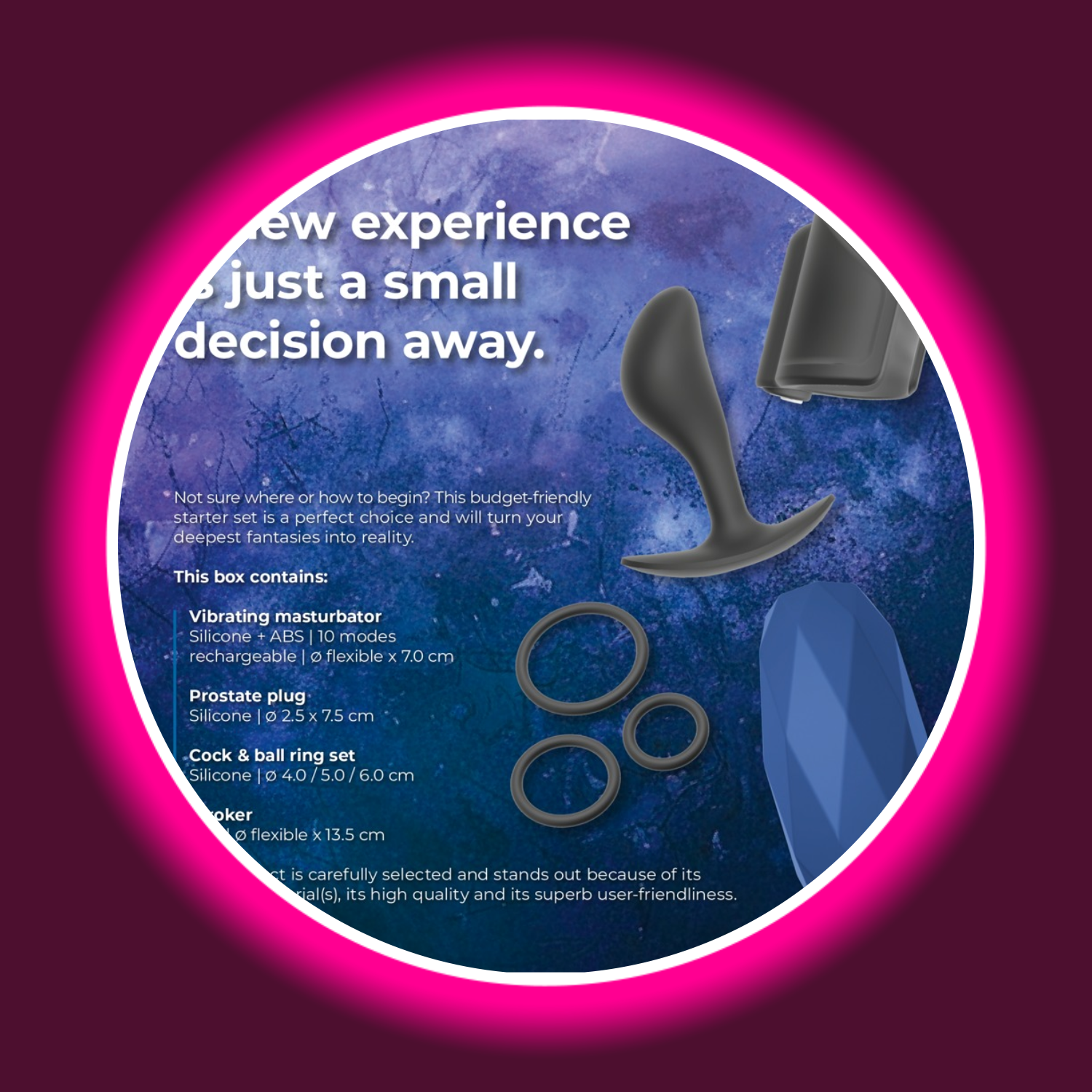 Beschreibung des Lovetoy-Startersets mit Abbildung diverser Sextoys, auf blauem Untergrund, Magic Shiver