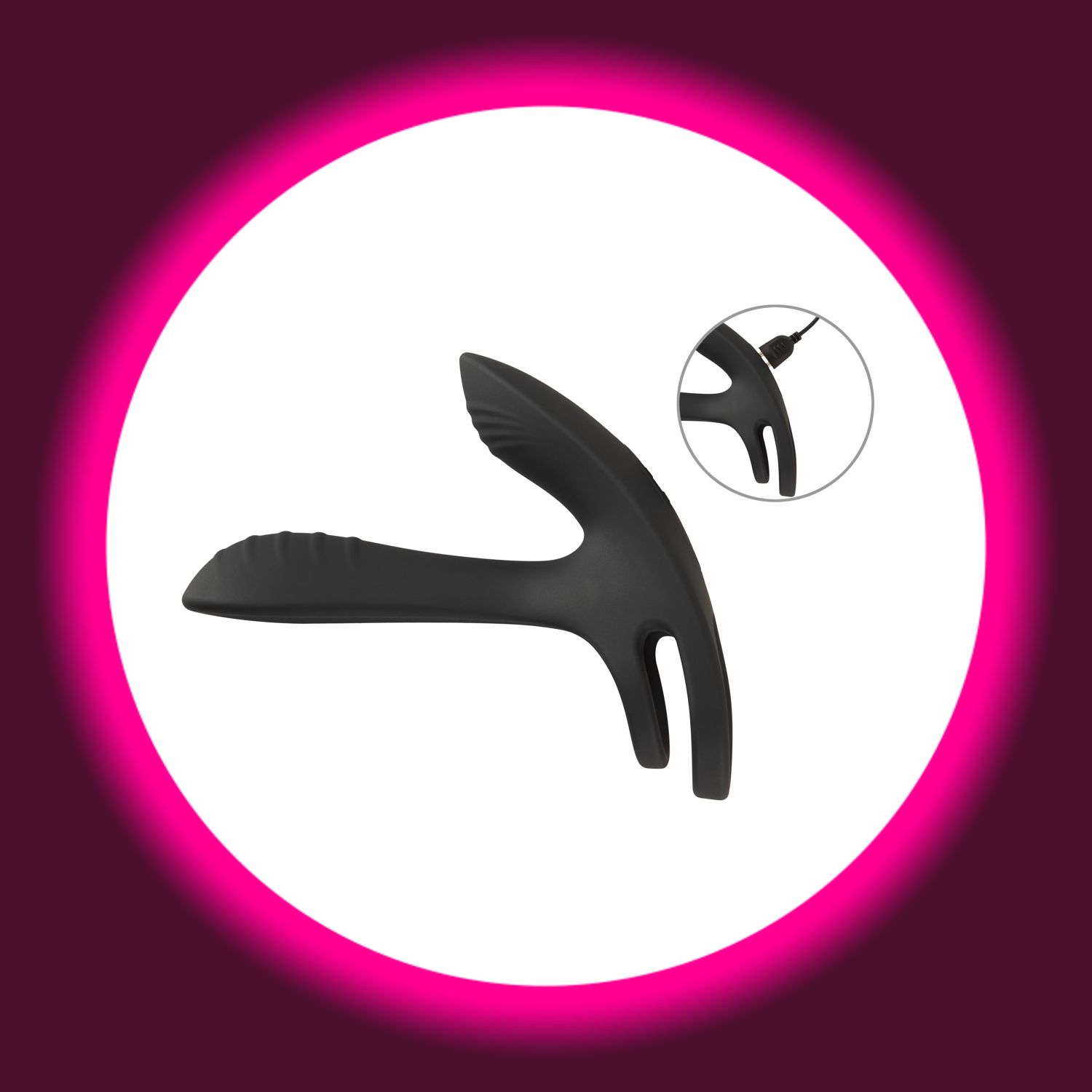 seitliche Ansicht eines schwarzen Paarvibrators, daneben kleine Darstellung mit eingestecktem USB-Ladekabel