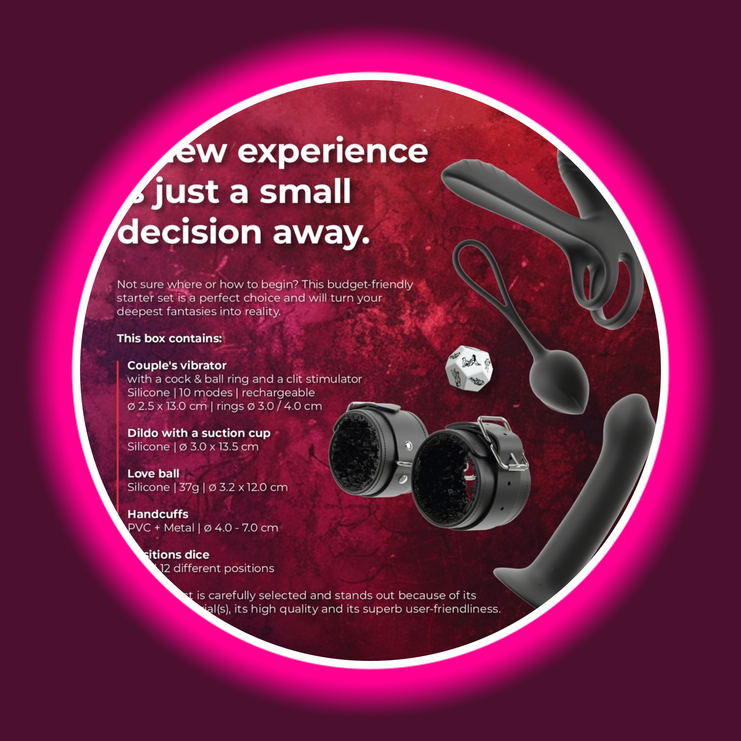 Beschreibung des Lovetoy-Startersets mit Abbildung diverser Sextoys, auf rotem Untergrund, Magic Shiver
