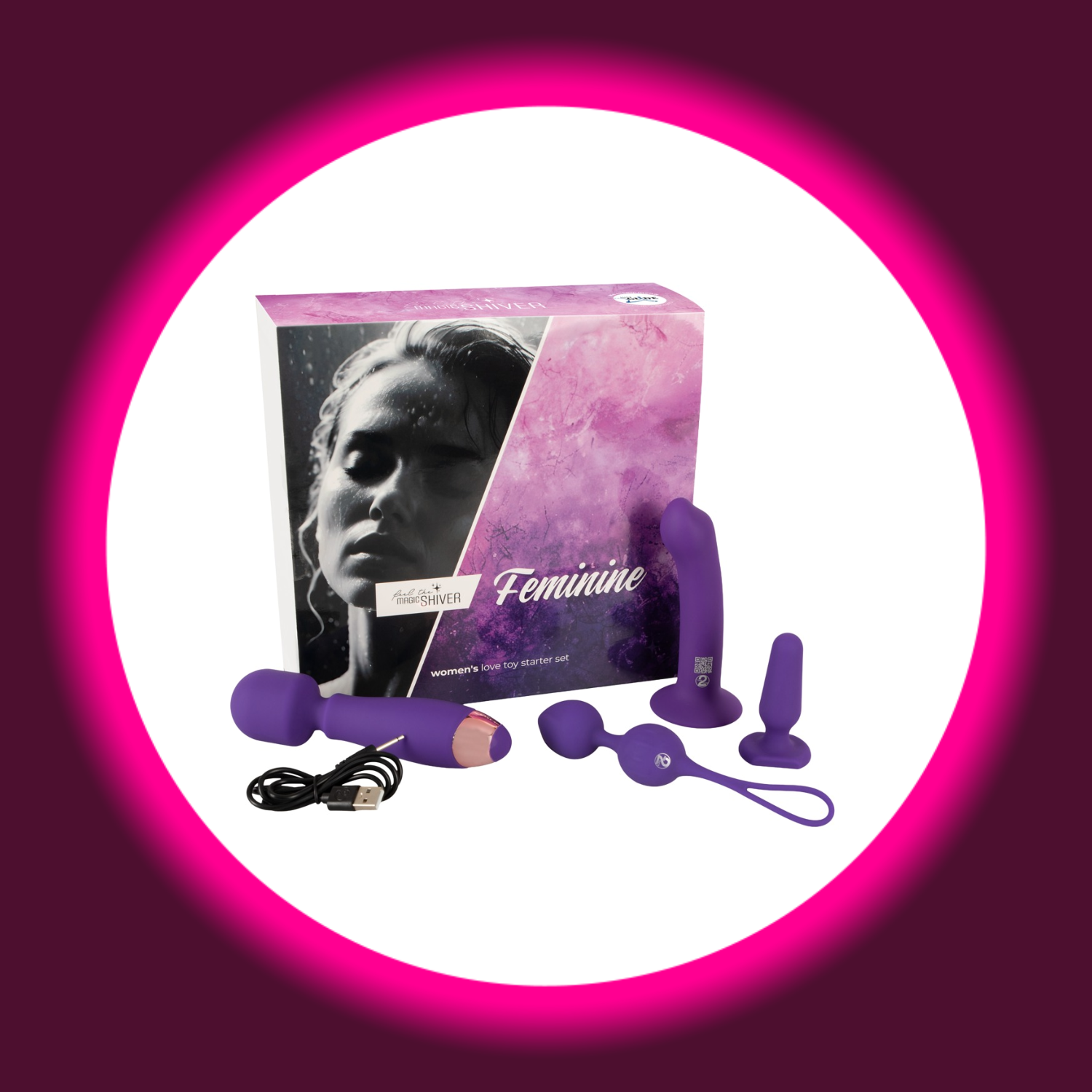 Verkaufsverpackung Lovetoy-Set mit davor ausgebreiteten lilafarbenen Sextoys, Magic Shiver