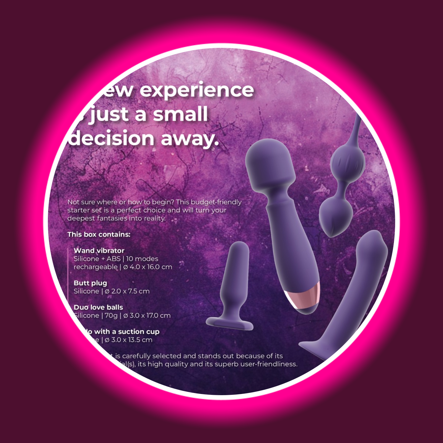 Beschreibung des Lovetoy-Startersets mit Abbildung diverser Sextoys, auf lila Untergrund, Magic Shiver