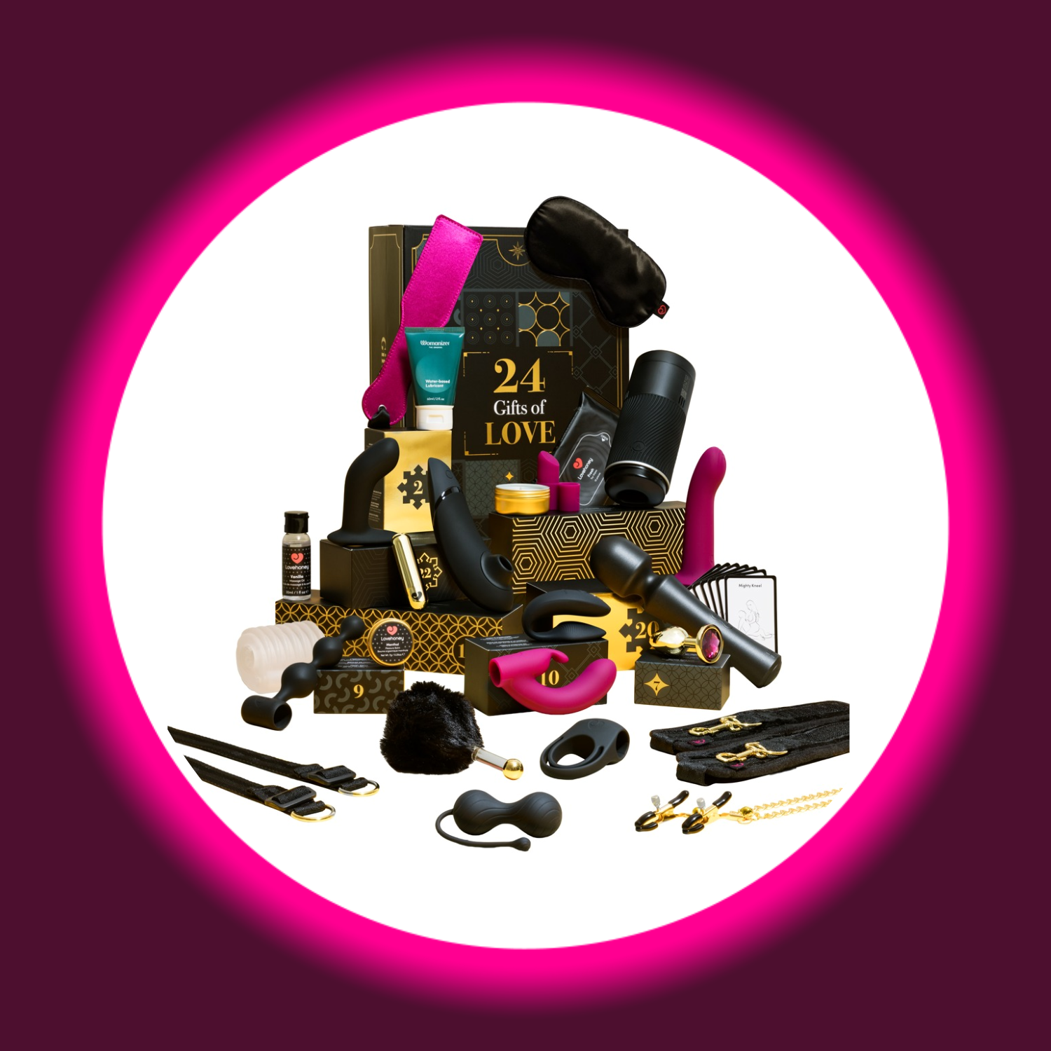diverse Sextoys und Zubehör aus dem Weihnachtskalender Luxury, Womanizer
