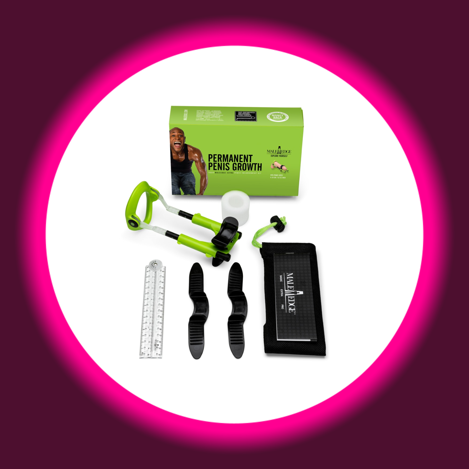 grüne Verpackung und schwarz-grüner Penis-Extenders inklusive Zubehör von Male Edge