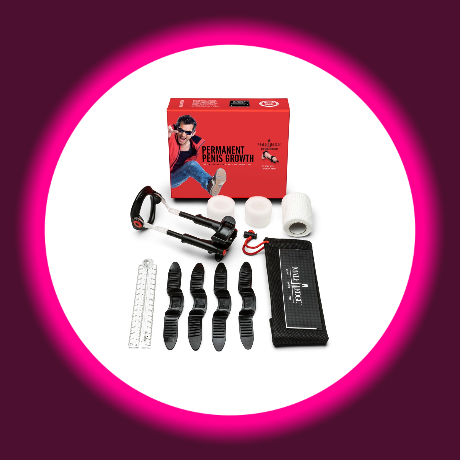 rote Verpackung des schwarzen Penis-Extenders inklusive Zubehör von Male Edge