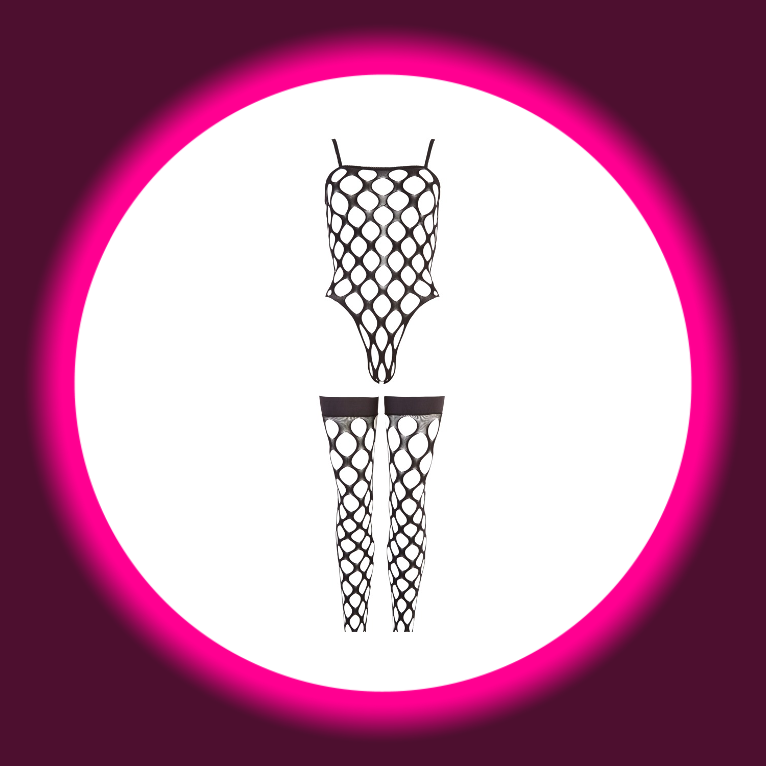 schwarzer Body und Stockings aus grobem Netz, von NO:XQSE