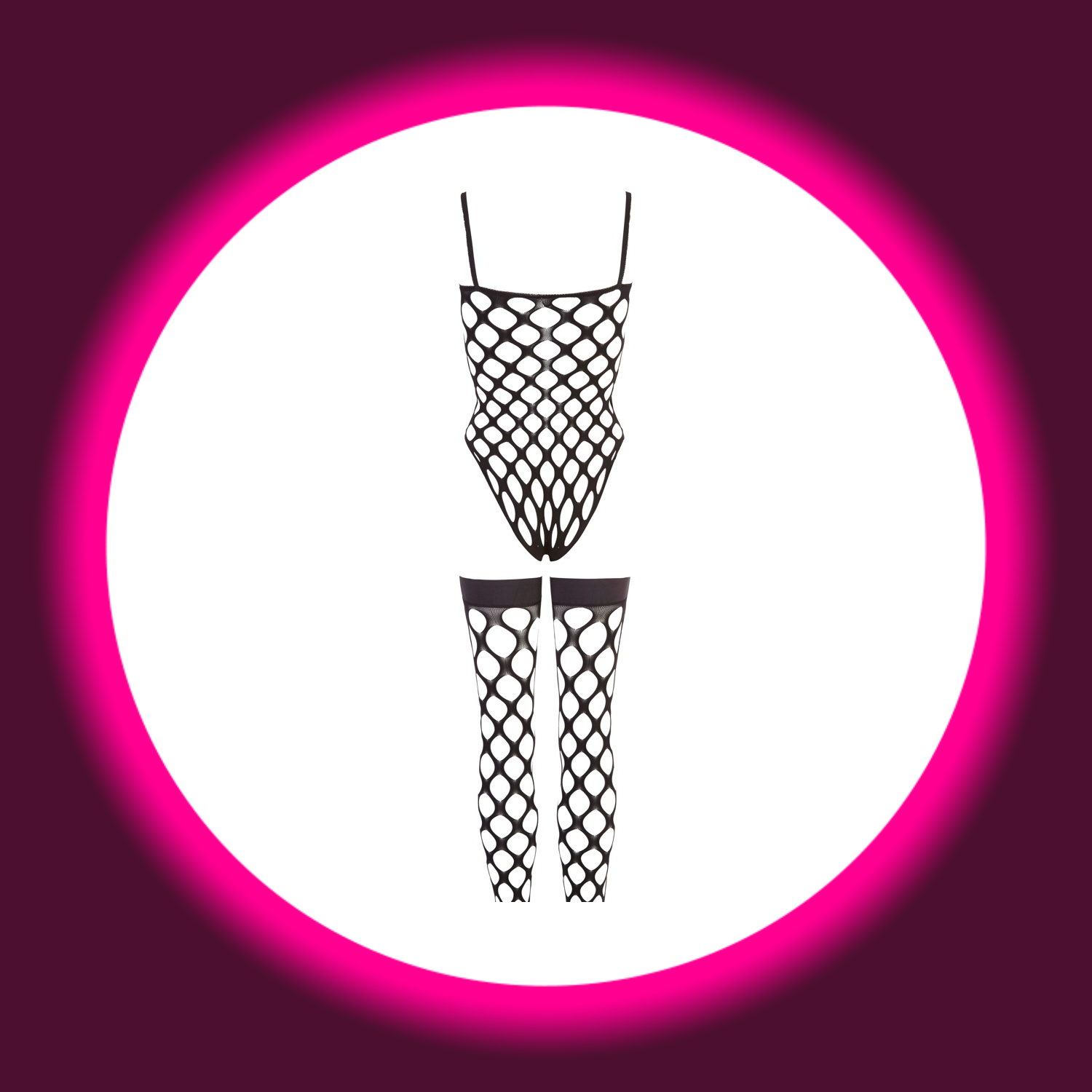 schwarzer Body und Stockings aus grobem Netz, von NO:XQSE