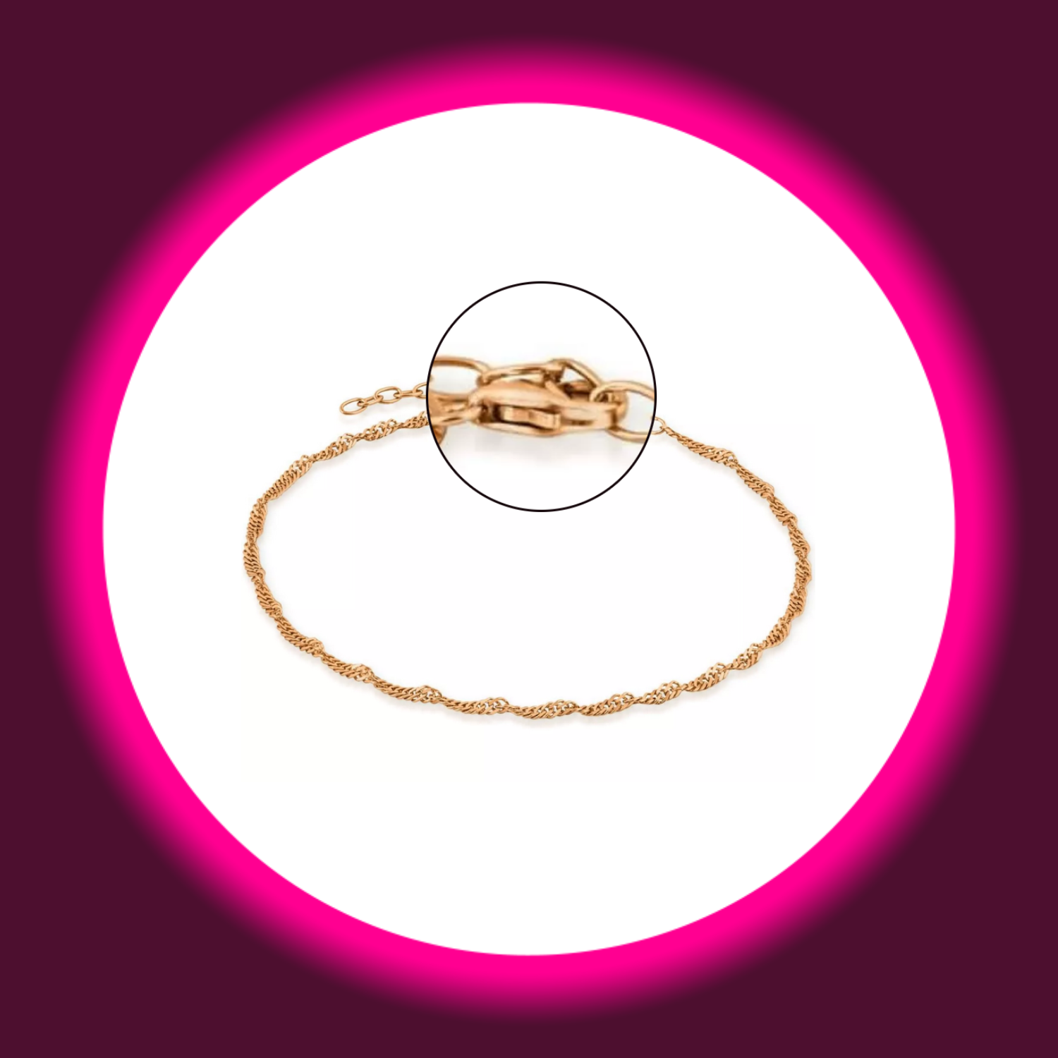 Detailansicht des Verschlusses einer rosé vergoldeten Fußkette Singapore aus Silber von Modabilé auf weißem Untergrund