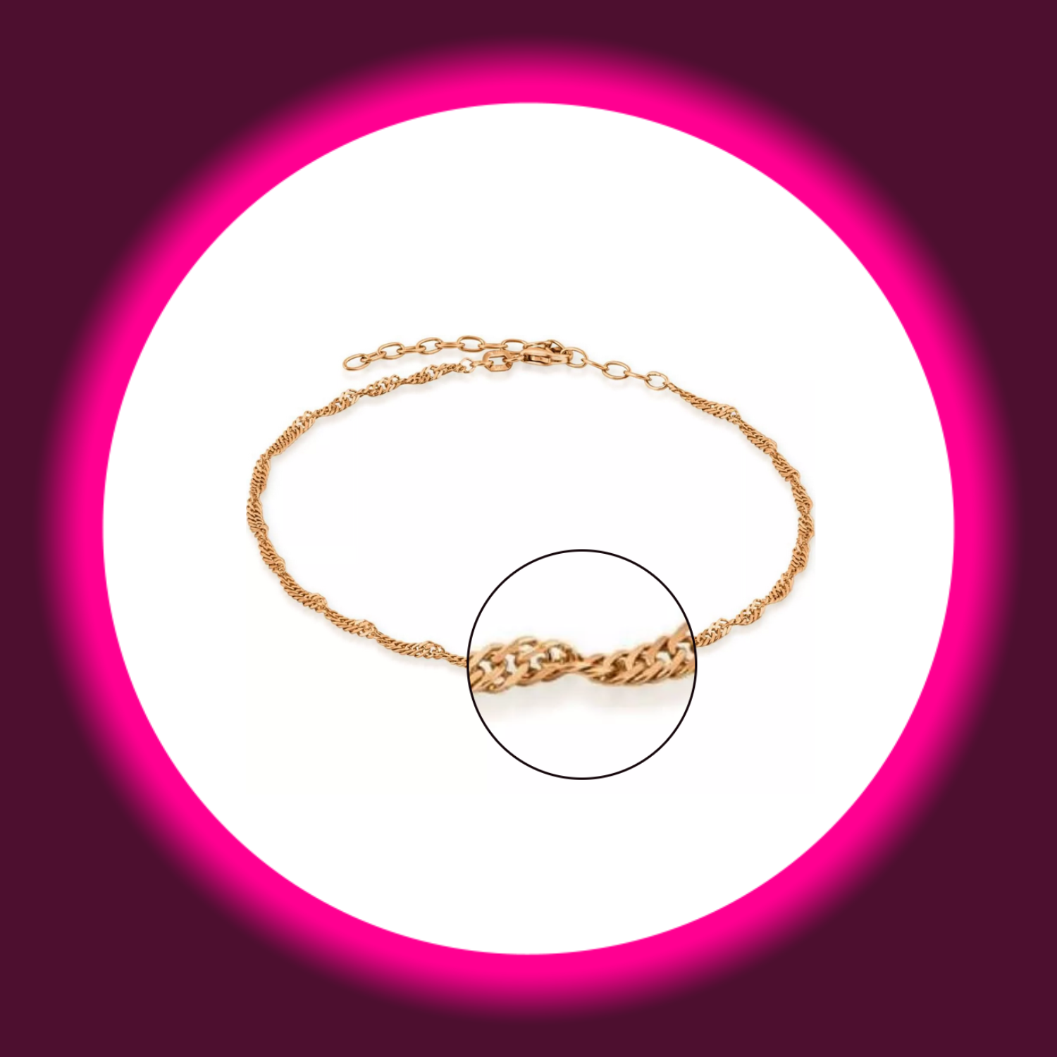 Detailansicht der Kettenglieder einer rosé vergoldeten Fußkette Singapore aus Silber von Modabilé auf weißem Untergrund