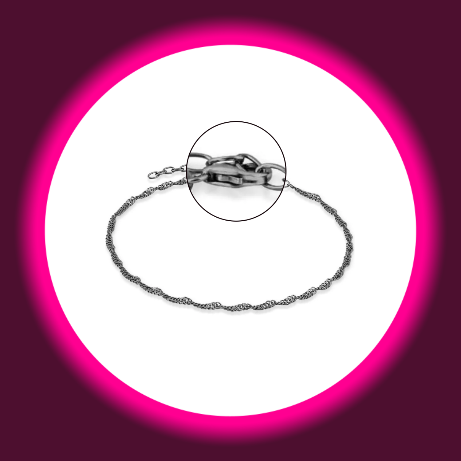 Detailansicht des Verschlusses einer schwarz rhodinierten Fußkette Singapore aus Silber von Modabilé auf weißem Untergrund