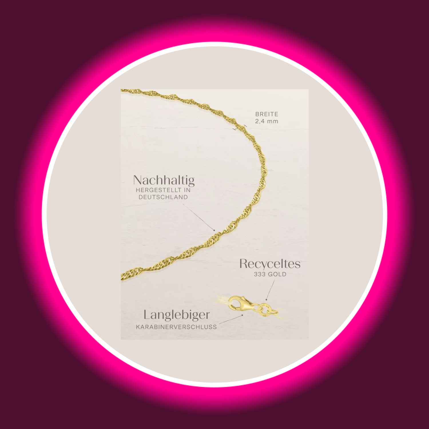 Beschreibung mit Maßen und Materialien der Fußkette Singapur von Modabilé