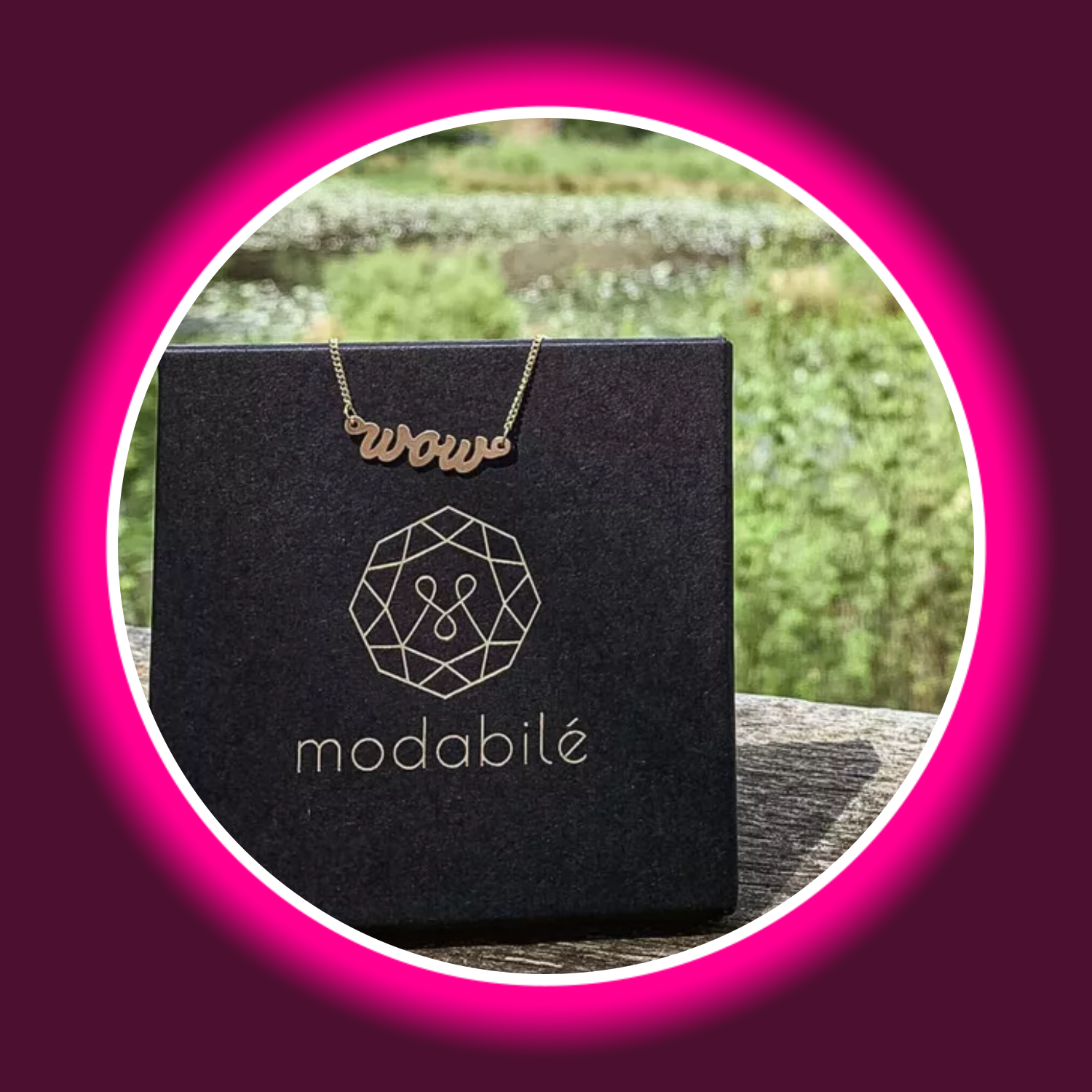 schwarzes Etui von Modabilé, daraufliegend ein Schriftzug-Kettenanhänger Wow, im Hintergrund grüne Wiese