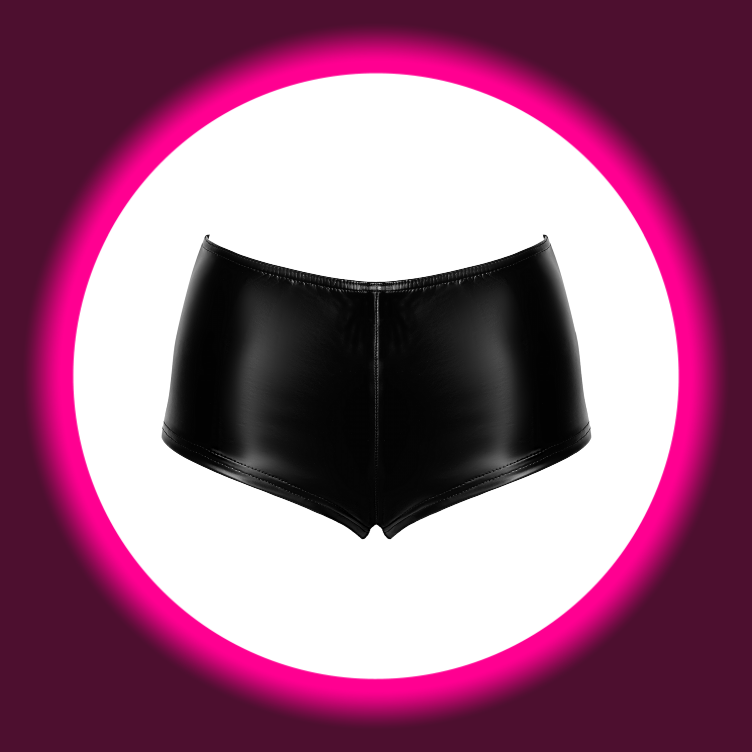 Frontansicht schwarze glänzende Hotpants von Noir Handmade