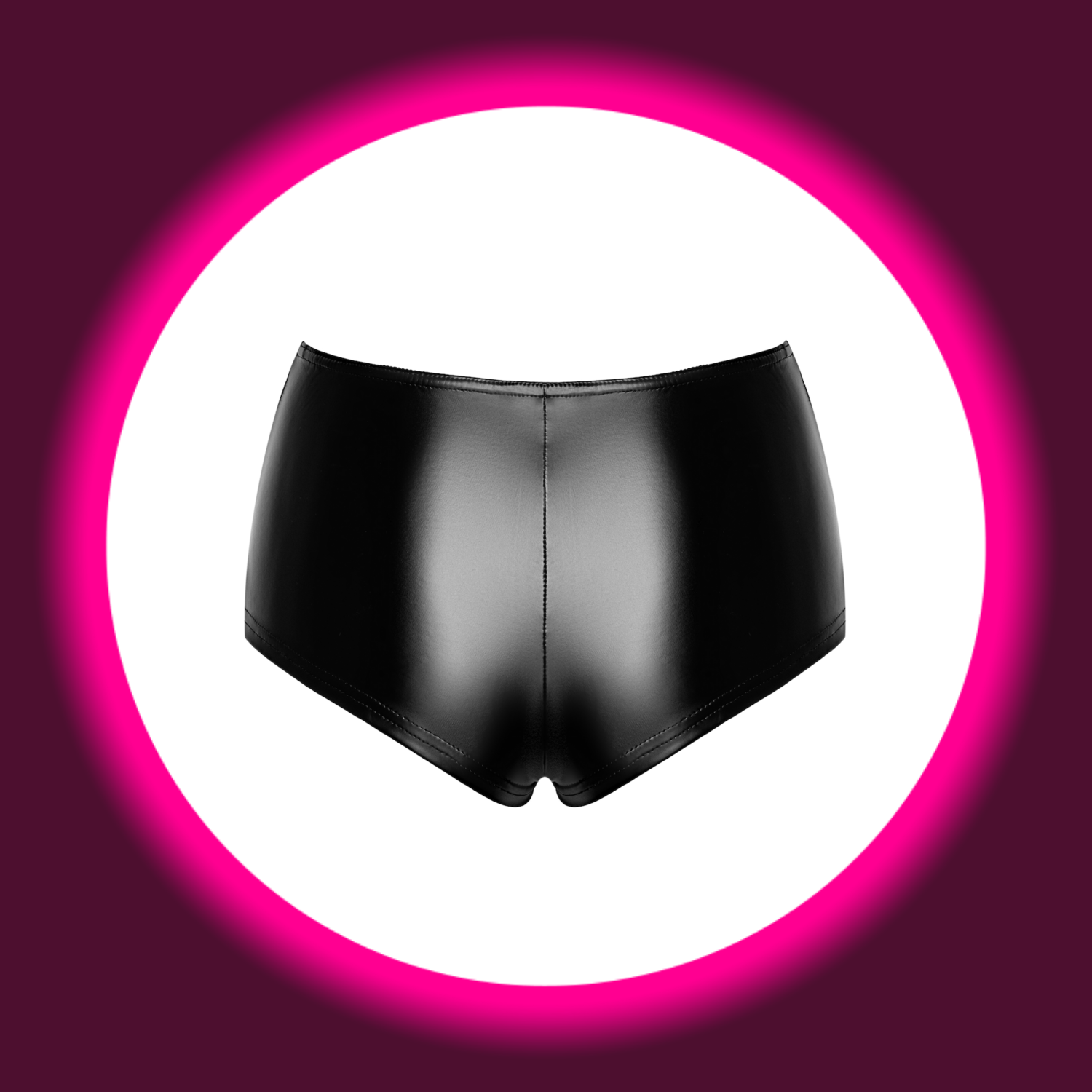Rückansicht schwarze glänzende Hotpants von Noir Handmade