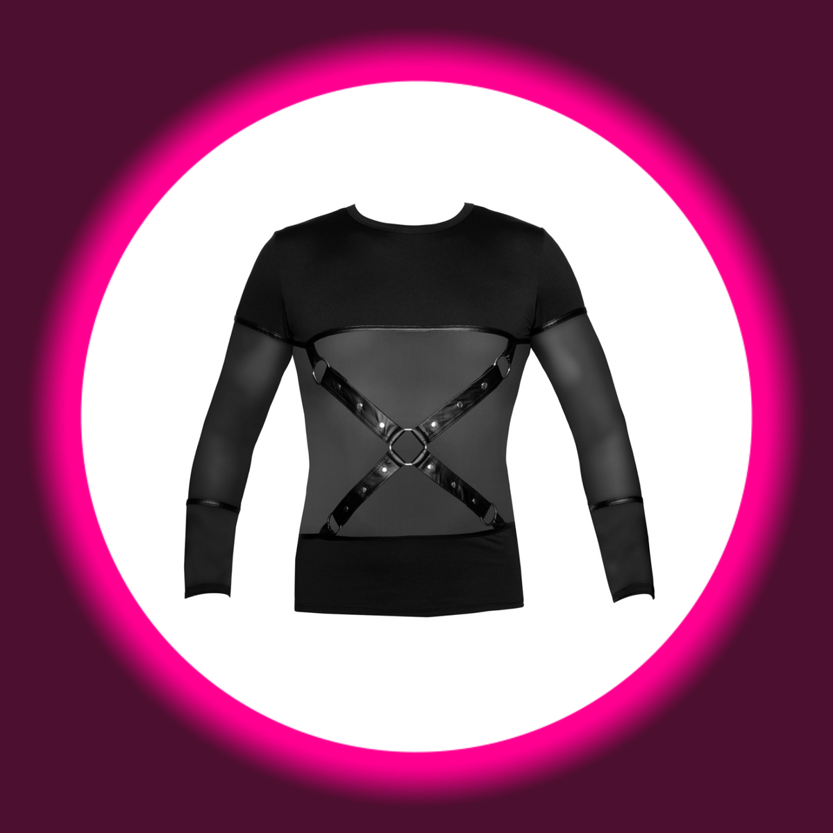 NEK Langarm Shirt schwarz – Frontansicht freistehend mit X-Brustharness aus Kunstleder, Powernet-Einsatz, transparente Ärmel mit Kunstleder-Manschetten und Ring-Detail
