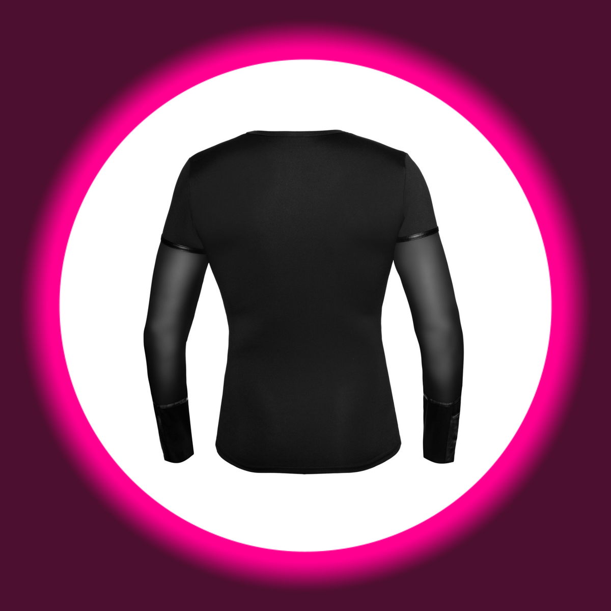 NEK Langarm Shirt schwarz – Rückansicht freistehend, Mattlook-Rücken, transparente Powernet-Ärmel mit Kunstleder-Details an Schulter und Manschette