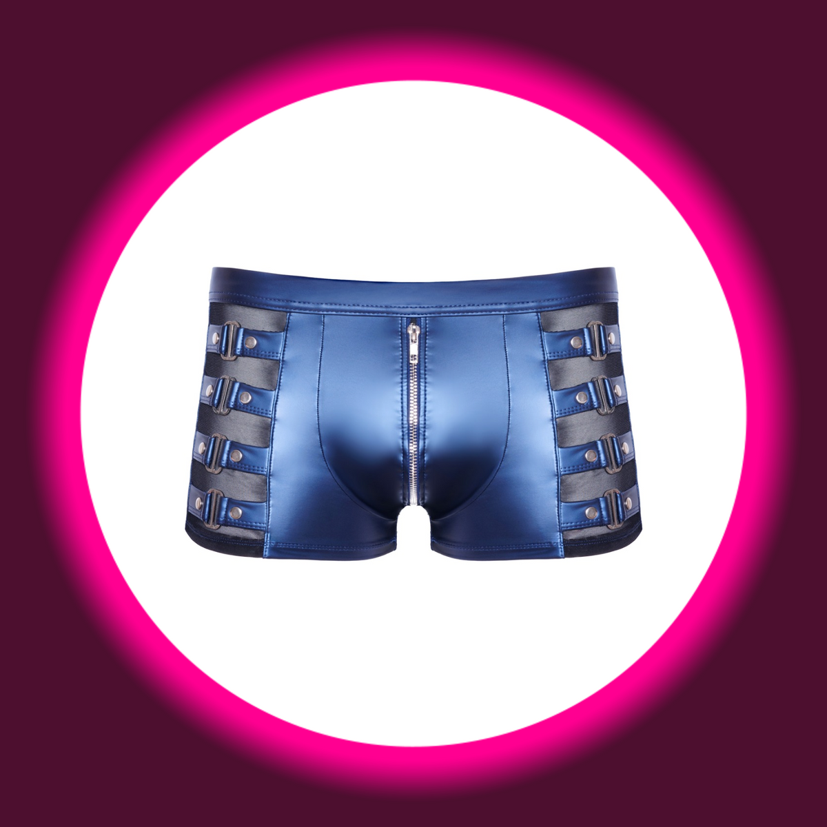 NEK Pants Wesley blau – Frontansicht freistehend, Metallic-Shorts mit beidseitigen Powernet-Einsätzen, nietenbesetzten Riemen und Frontreißverschluss