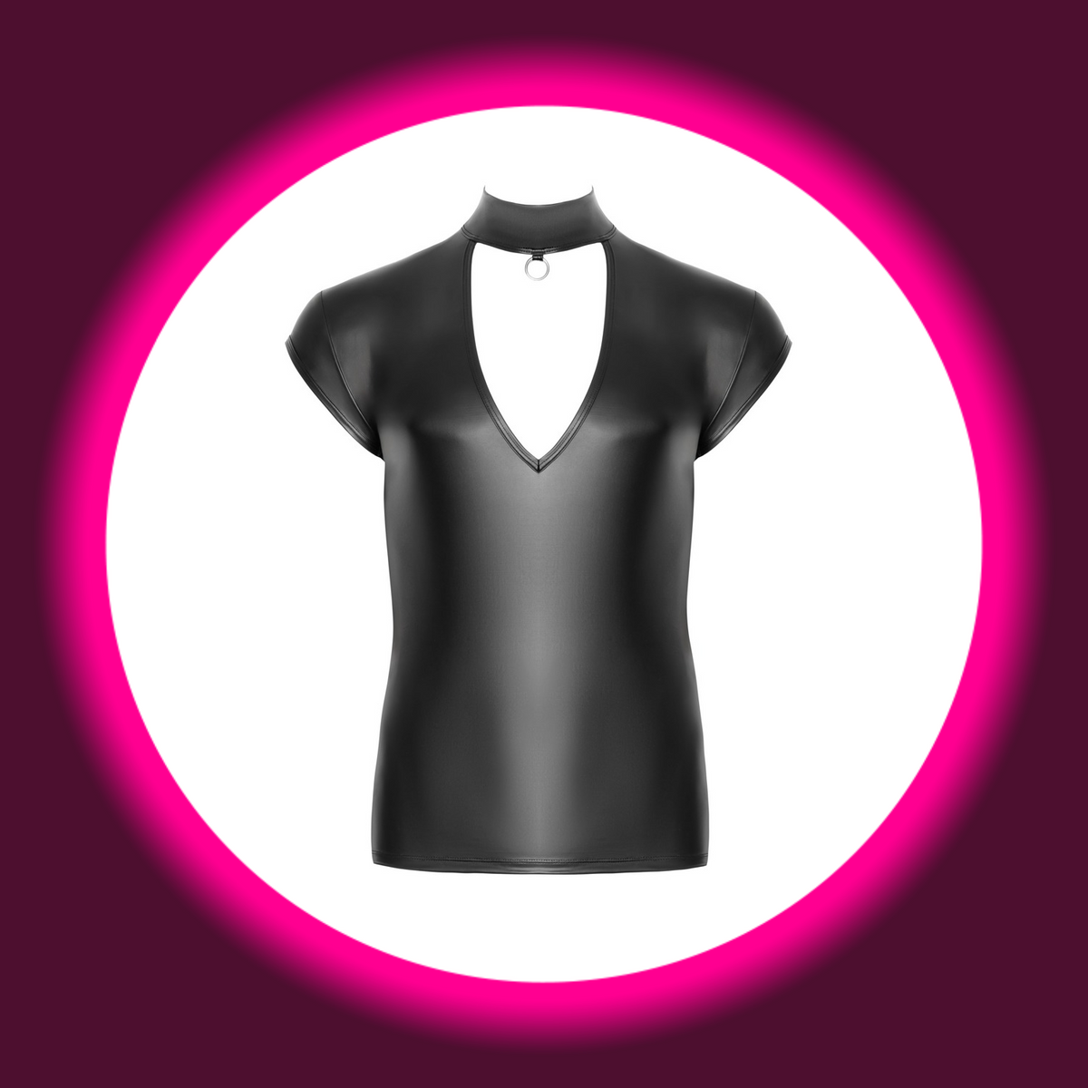 NEK Shirt Angelo schwarz – Frontansicht freistehend, schwarzes Mattlook-Shirt mit tiefem V-Cut-out, Stehkragen mit Frontring und überschnittenem Arm