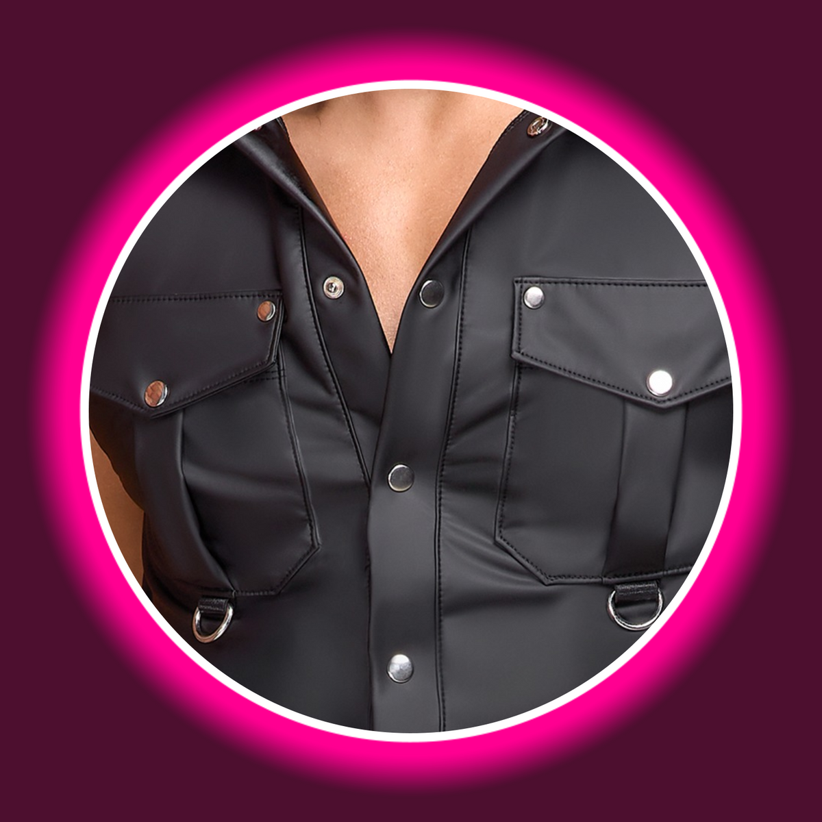NEK Shirt Ben schwarz – Detailaufnahme Brusttaschen mit silbernen Druckknöpfen, D-Ringen und durchgehender Druckknopfleiste im Mattlook