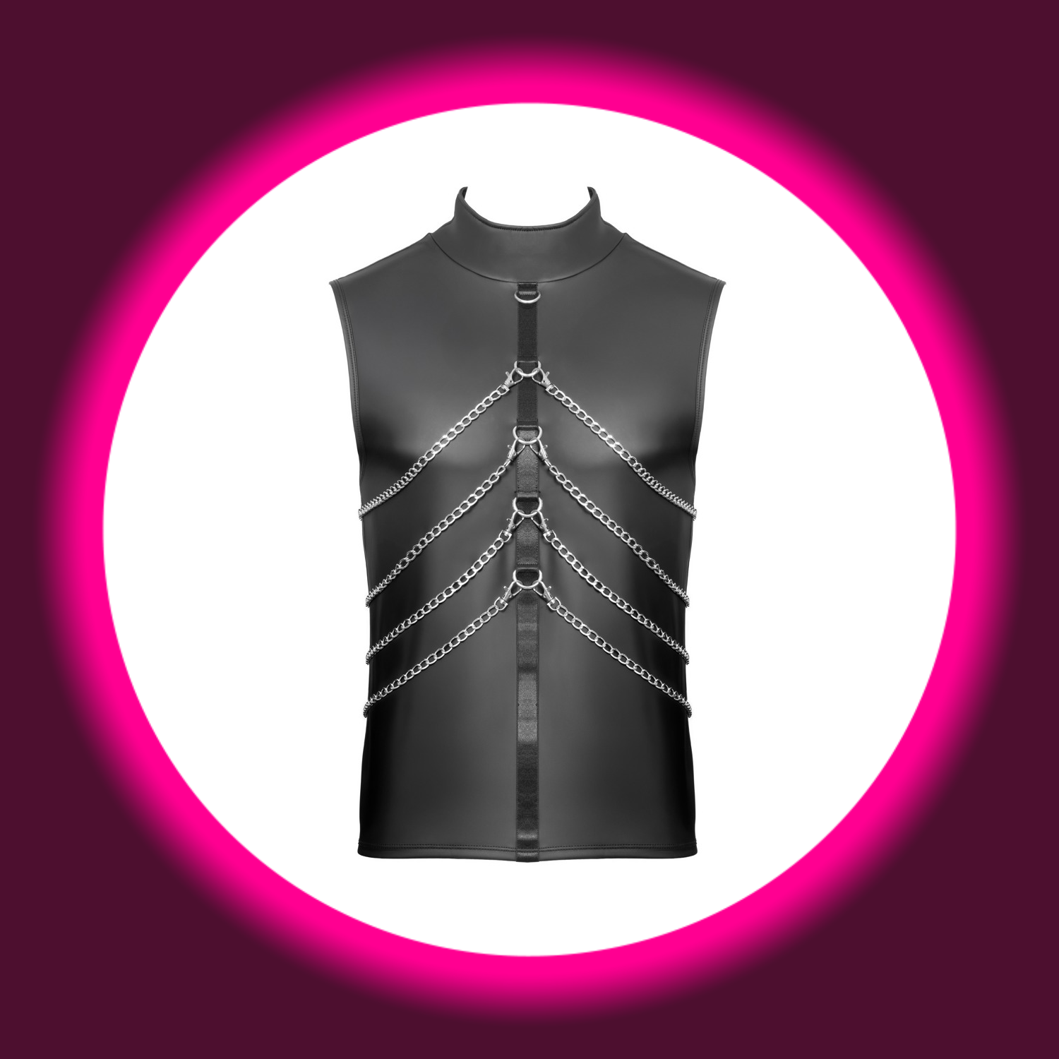 Frontansicht schwarz mattes Shirt von NEK mit Ringen und Zierketten