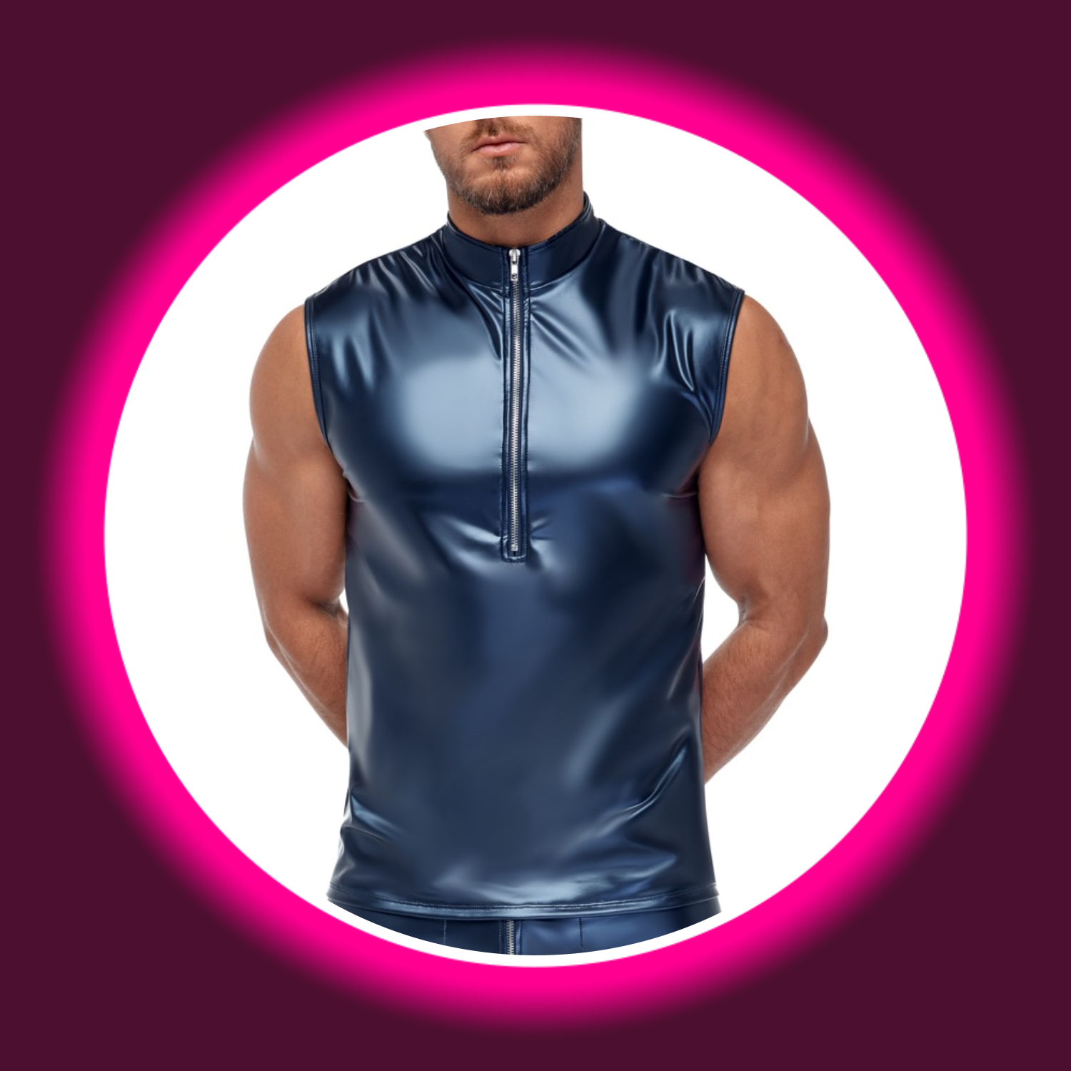 NEK Shirt ROBIN für Herren – Frontansicht am Model, blaues Metallic-Mattlook-Shirt ärmellos, eng und körperbetont mit Stehkragen