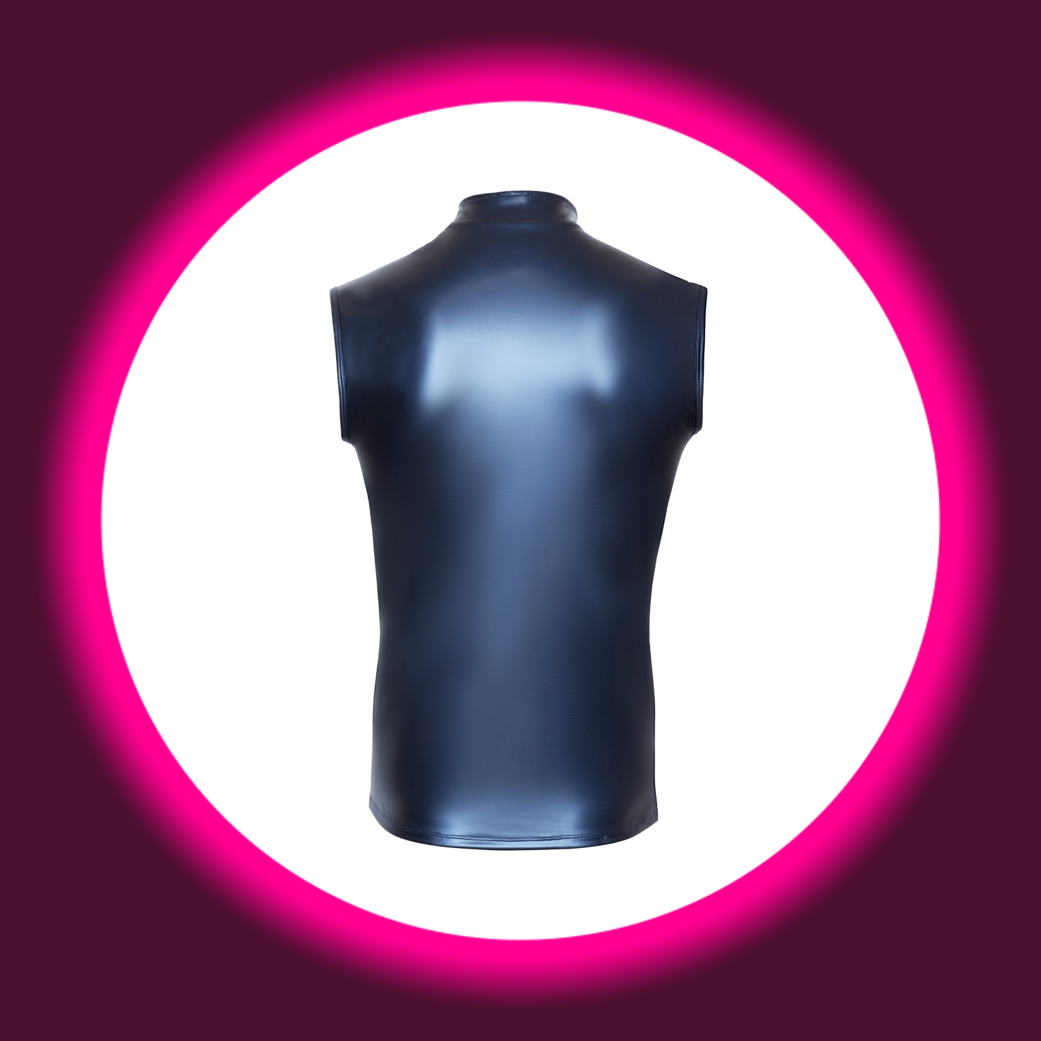 NEK Shirt ROBIN blau freistehend – Rückansicht, ärmelloses Metallic-Mattlook-Shirt mit Stehkragen, körperbetont