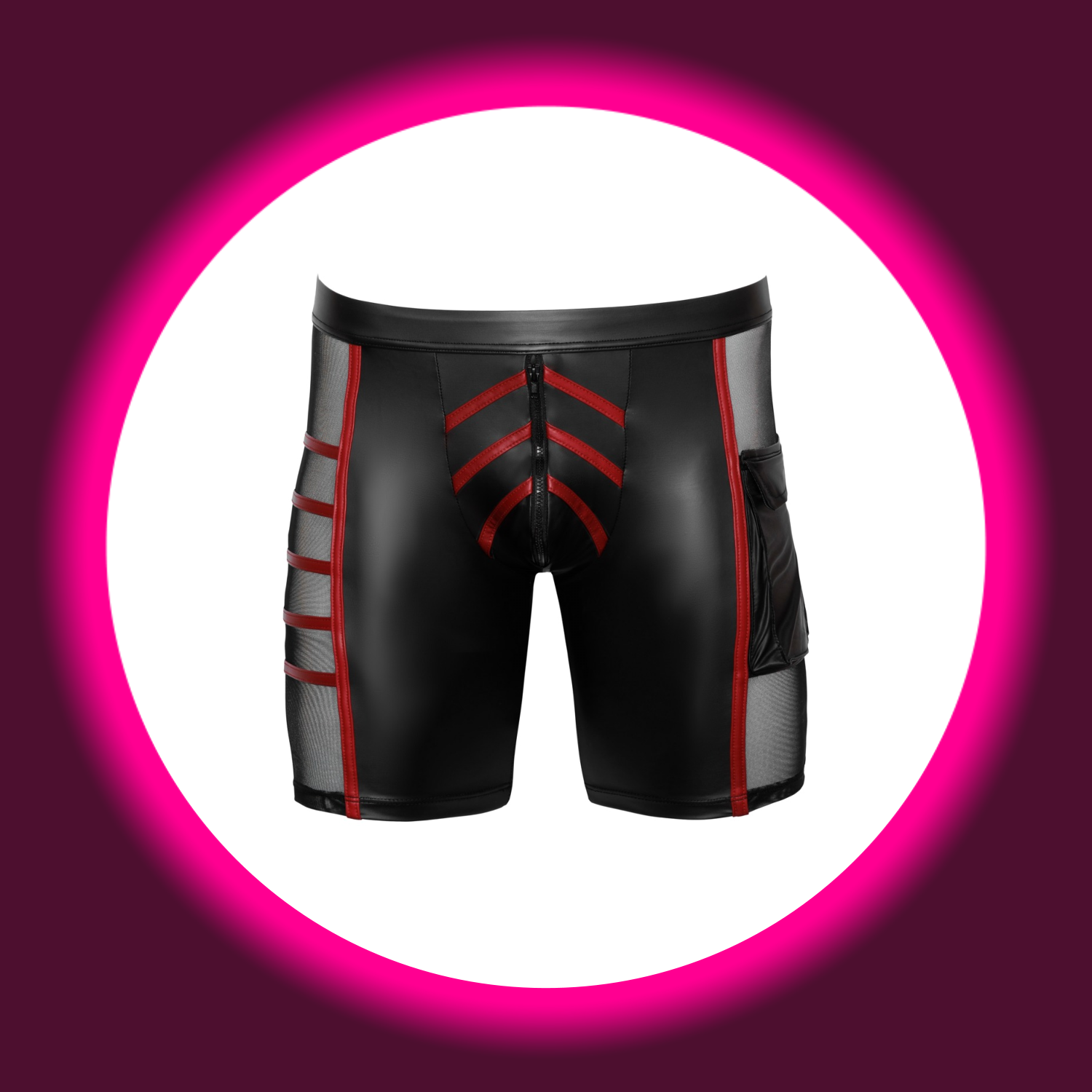 Frontansicht schwarze enge Shorts von NEK mit roten Kontraststreifen