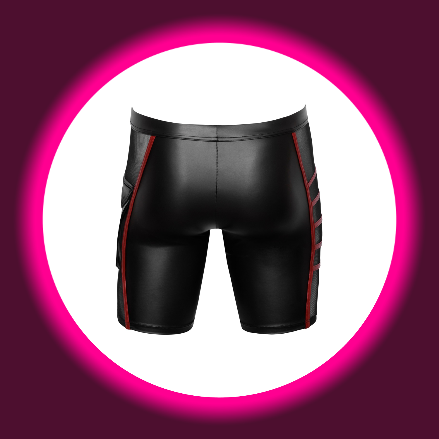 Rückansicht schwarze enge Shorts von NEK mit roten Kontraststreifen