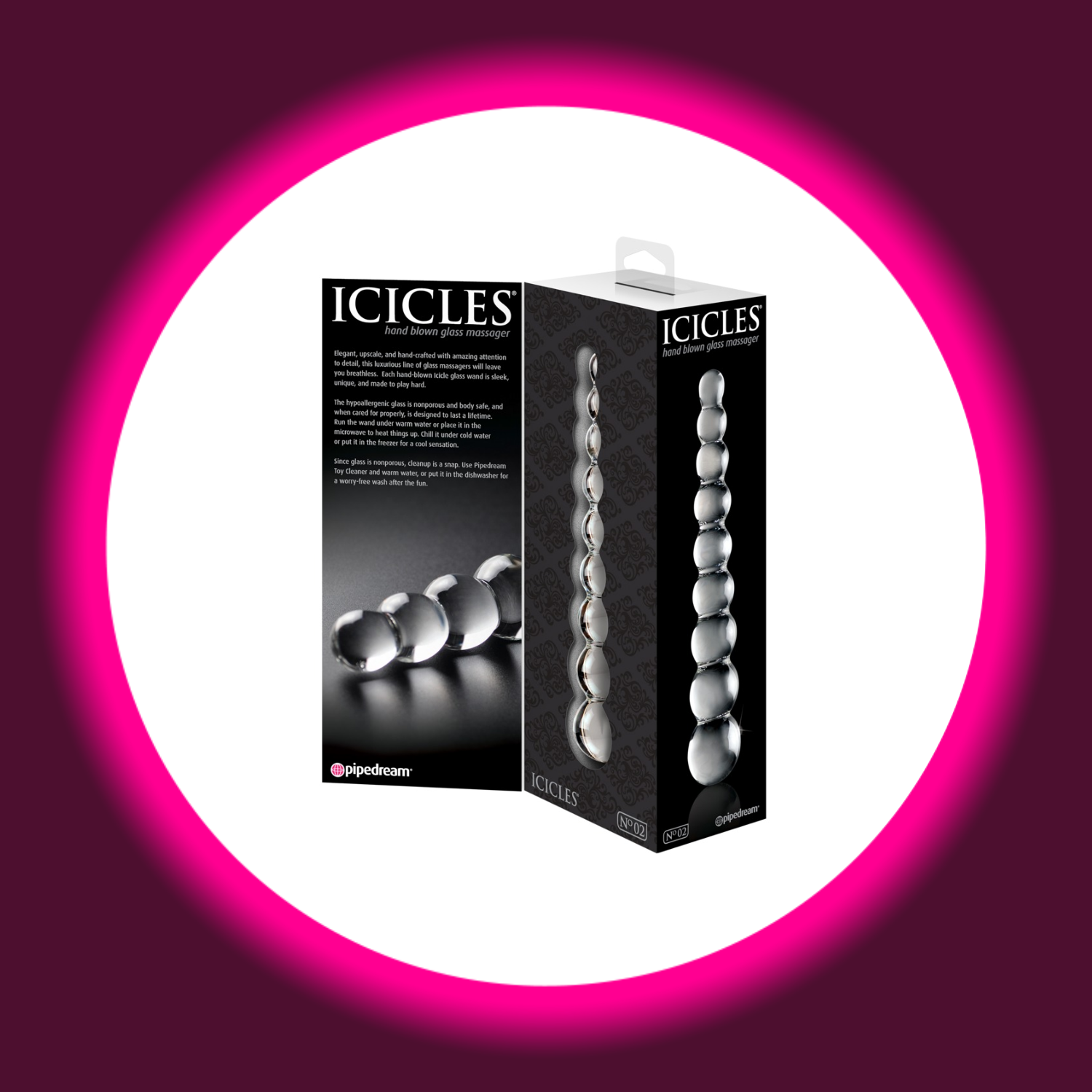 Verkaufsverpackung transparenter Dildo aus Glas im Kugeldesign, von Icicles