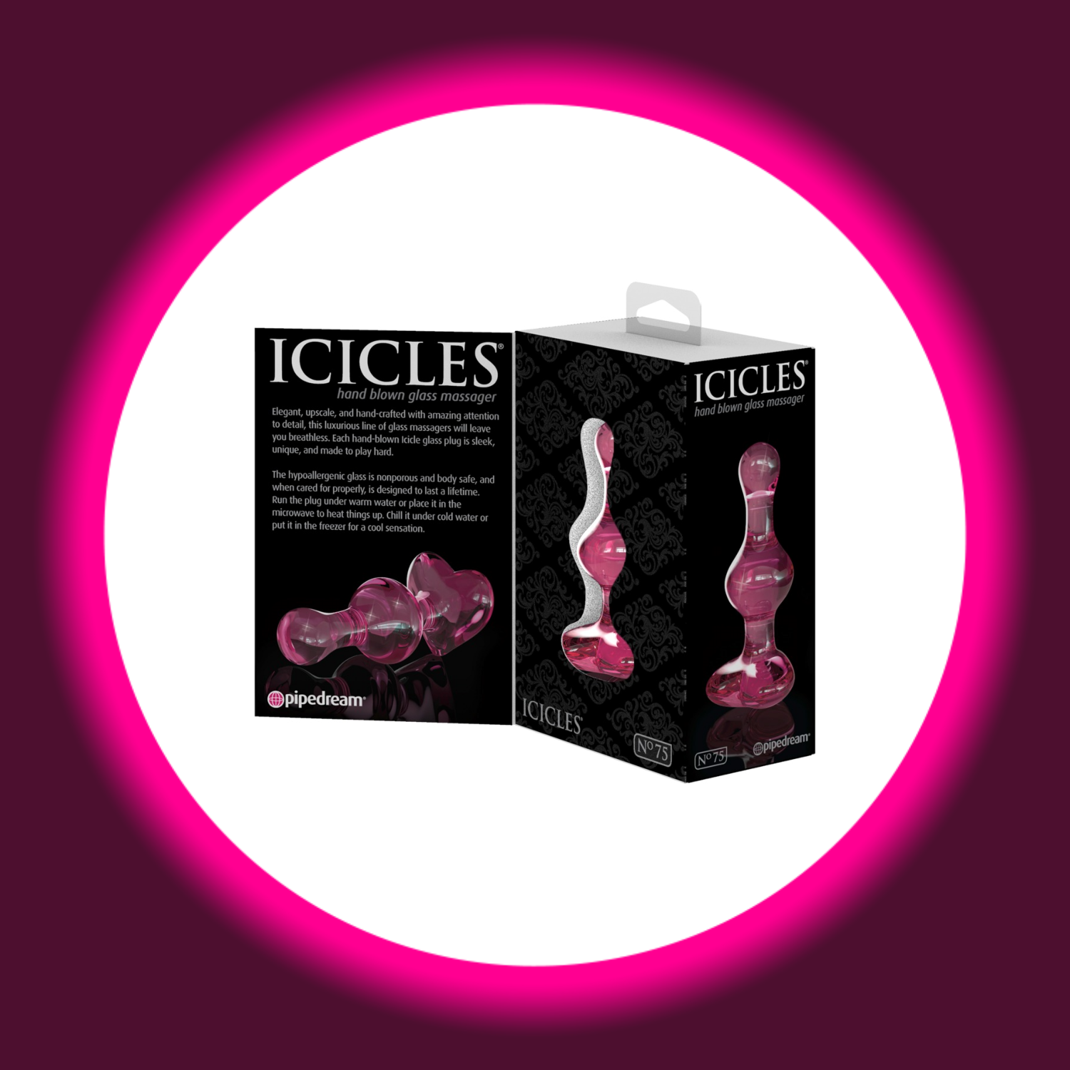 Verkaufsverpackung pinker Analplug mit Stopper in Herzform, aus Glas, Icicles No. 75