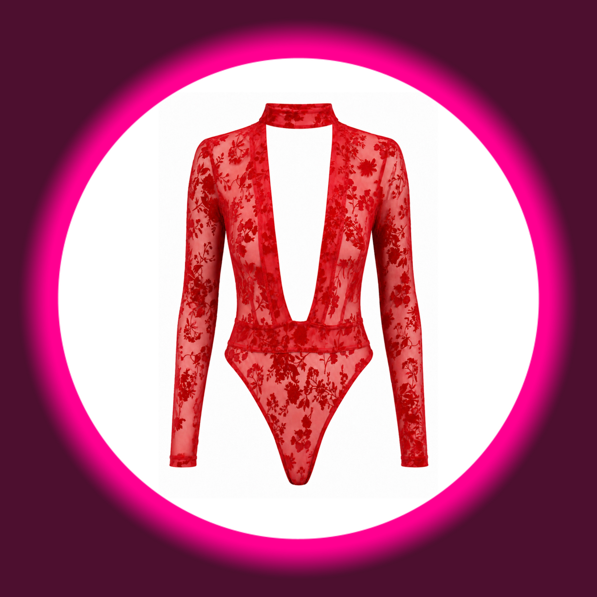 NOIR HANDMADE Body Lovebite F416 rot – Frontansicht freistehend, langärmliger Body mit tiefem V-Ausschnitt, Stehkragen und hoch ausgeschnittenen Hüften, florales Flockmuster auf transparentem Tüll