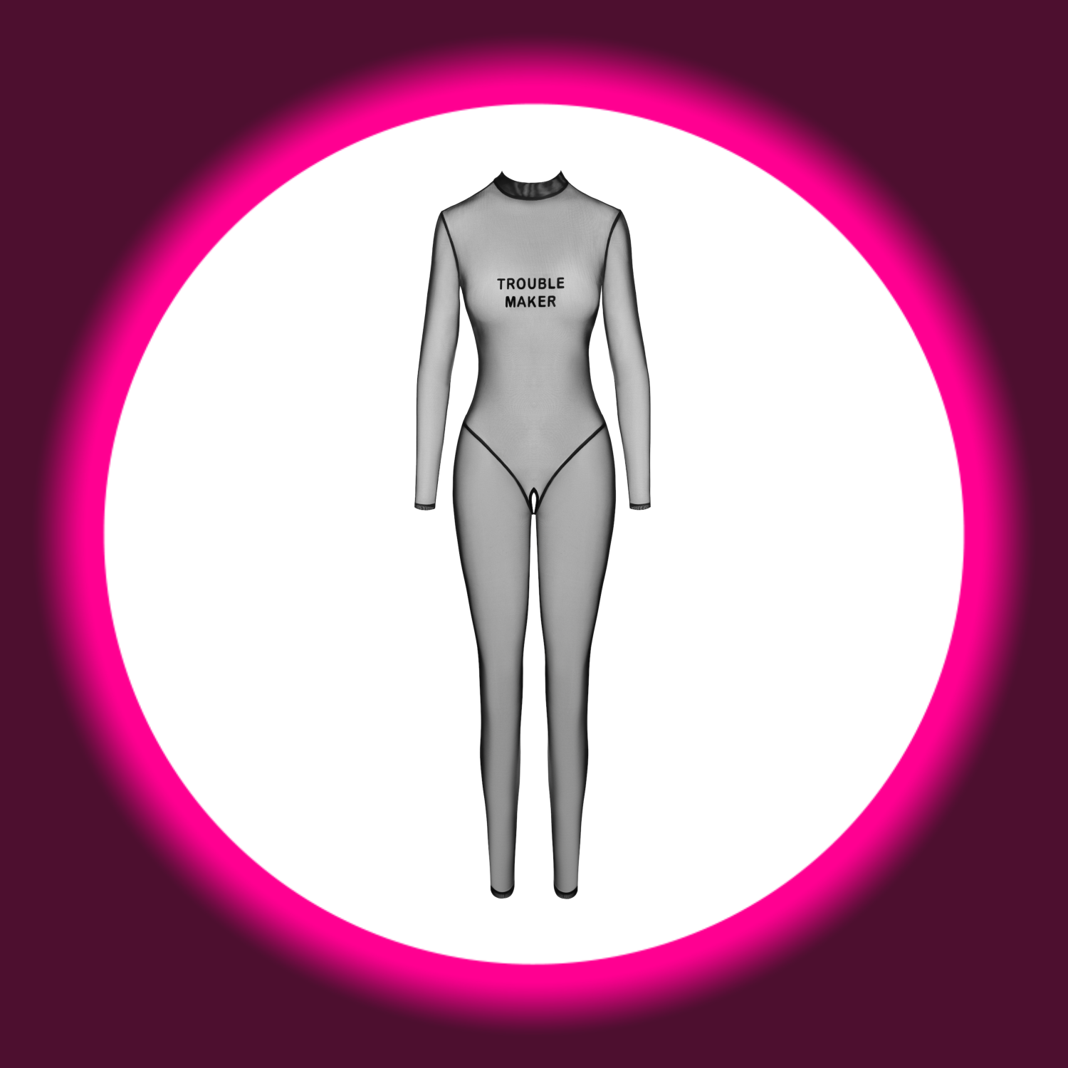 Noir Handmade Troublemaker F387 Catsuit in Schwarz – Frontansicht mit offenem Schritt und beflocktem Print