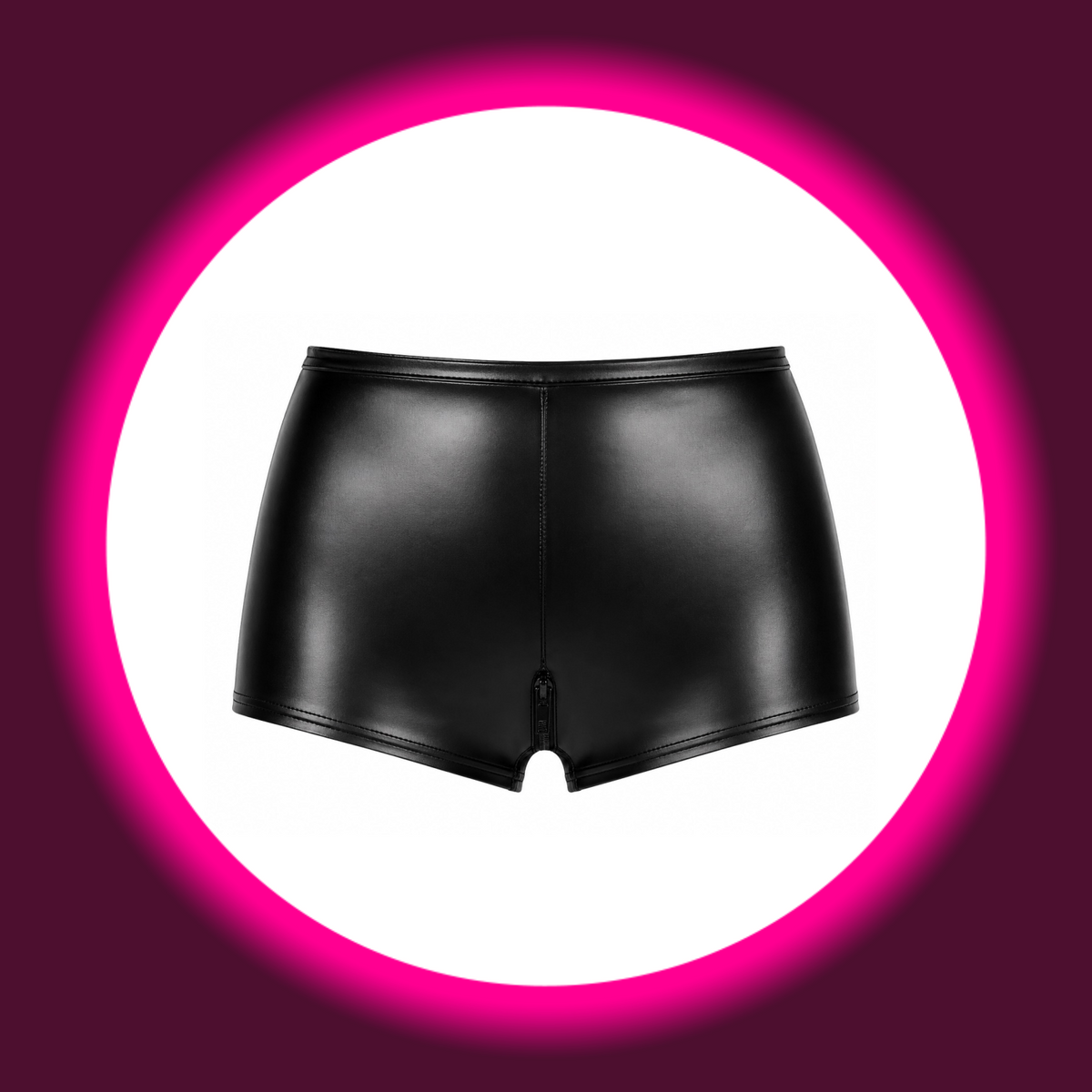 NOIR HANDMADE Hotpants Do Not Disturb F411 schwarz – Frontansicht freistehend, Hochbund-Shorts aus glänzendem Powerwetlook, strukturierte cleane Vorderseite mit Reißverschluss