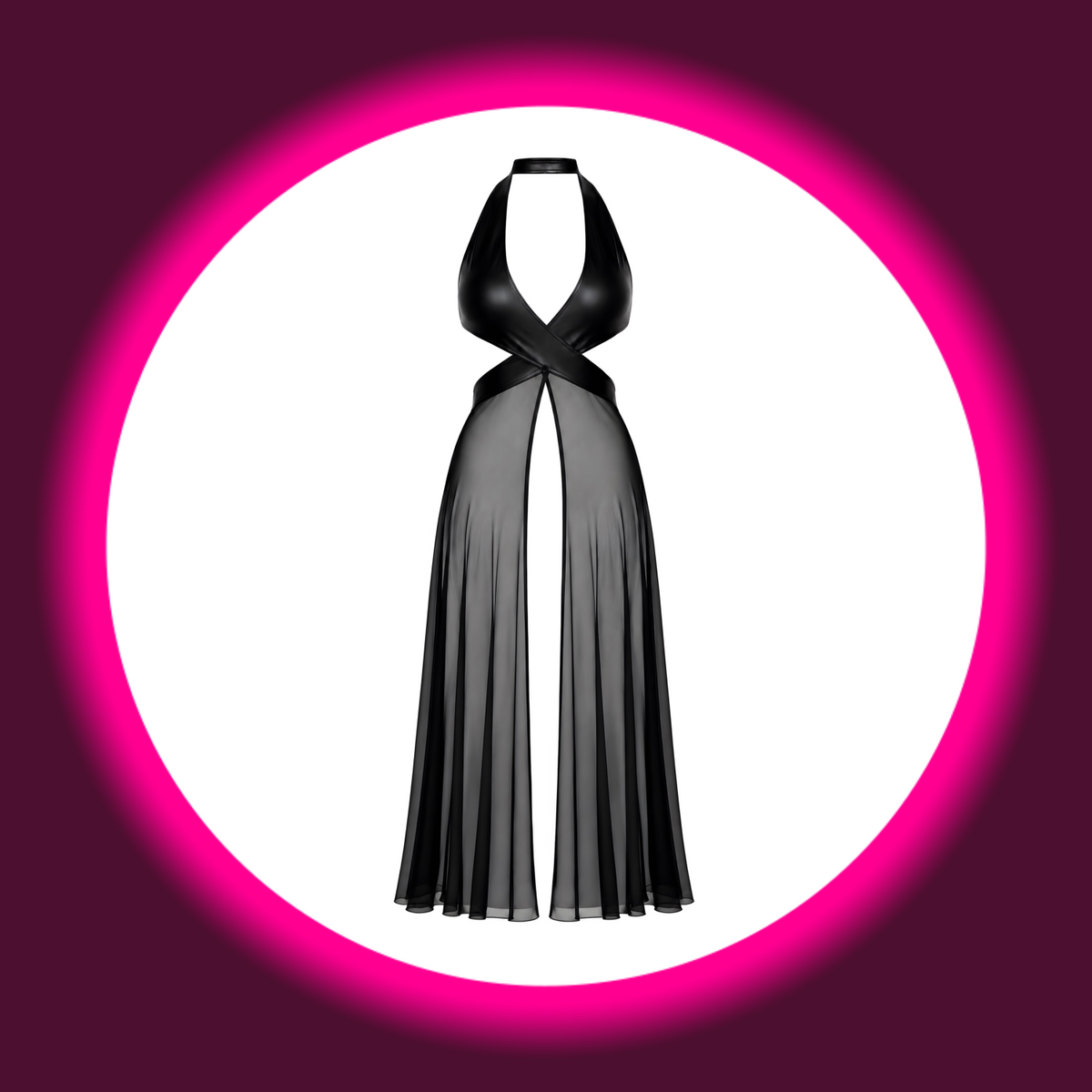 NOIR HANDMADE Kleid Do Not Disturb F412 schwarz – Frontansicht freistehend, bodenlanges Maxikleid mit gekreuztem Powerwetlook-Oberteil, tiefem V-Ausschnitt, Neckholder-Verschluss und transparentem Tüllrock