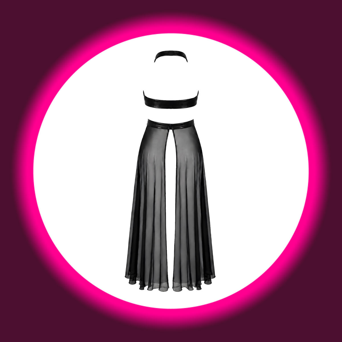 NOIR HANDMADE Kleid Do Not Disturb F412 schwarz – Rückansicht freistehend, bodenlanges Maxikleid mit offenem Rücken, Powerwetlook-Gürtel und transparentem Tüllrock