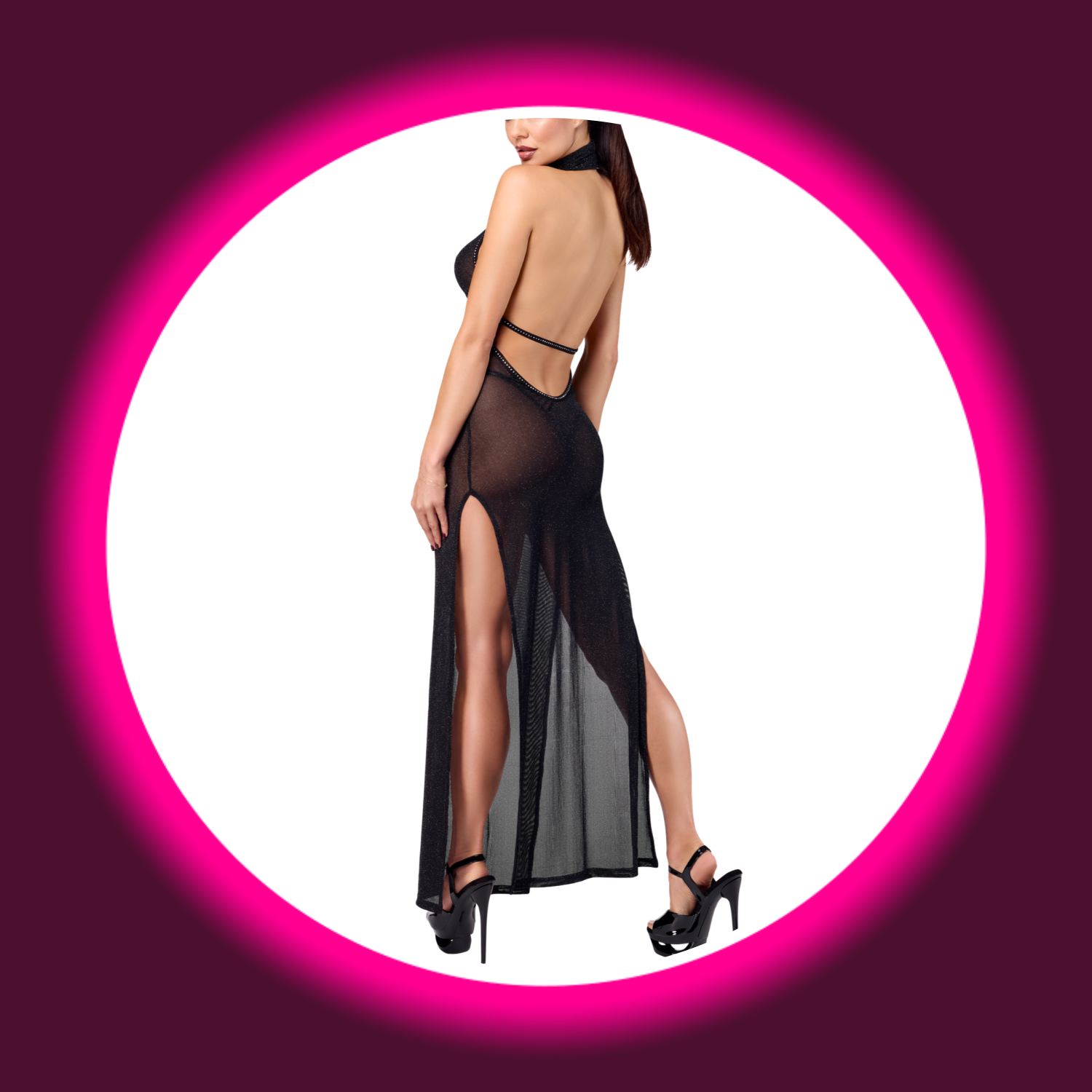 Rückansicht schwarzes langes Kleid Onyx F372 mit Beinschlitz und Kragen, Noir Handmade