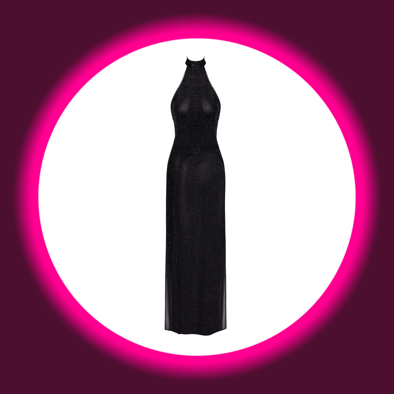 Frontansicht schwarzes langes Kleid Onyx F372 ohne Ärmel und mit Kragen, Noir Handmade
