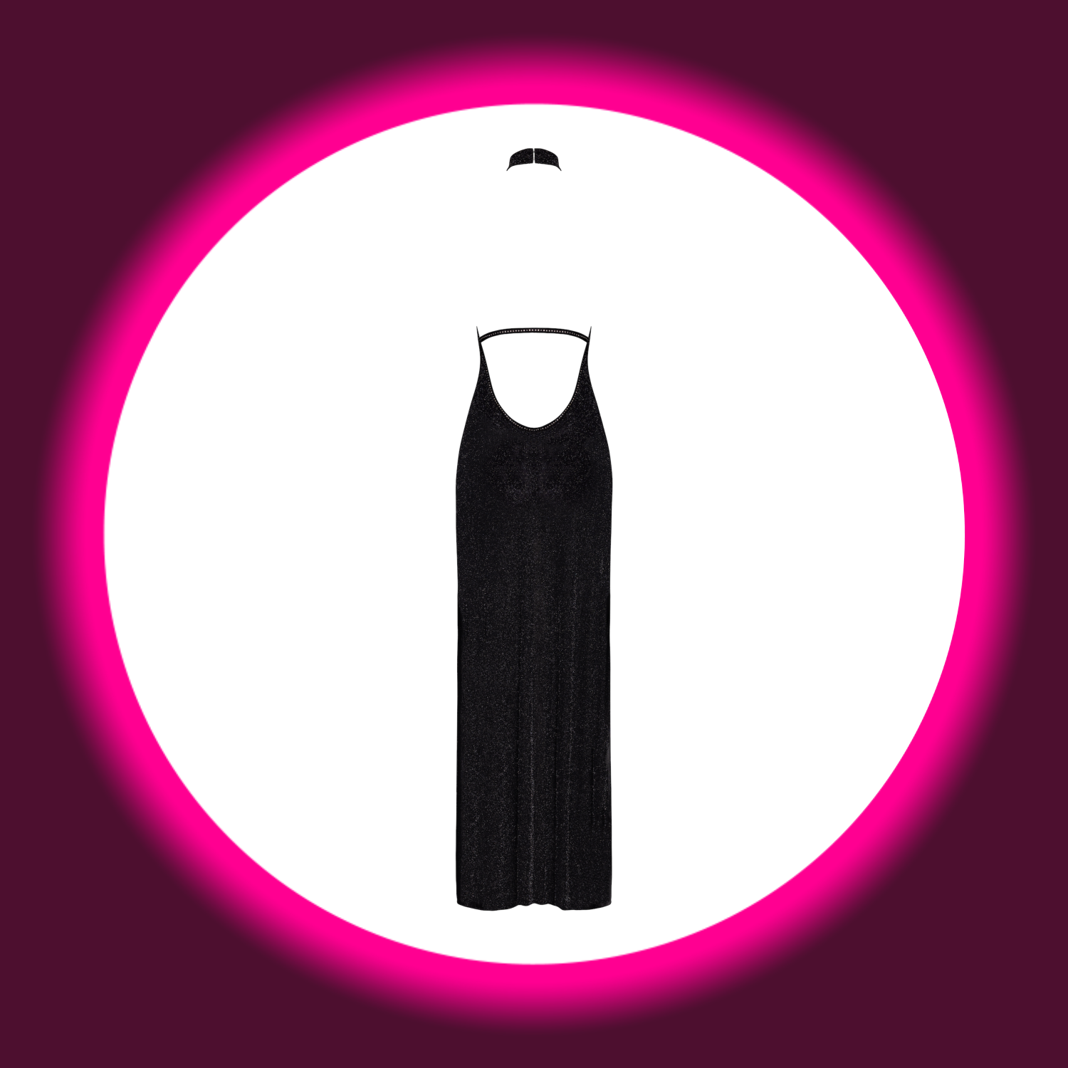 Frontansicht schwarzes langes Kleid Onyx F372 mit tiefem Rückenausschnitt und Kragen, Noir Handmade