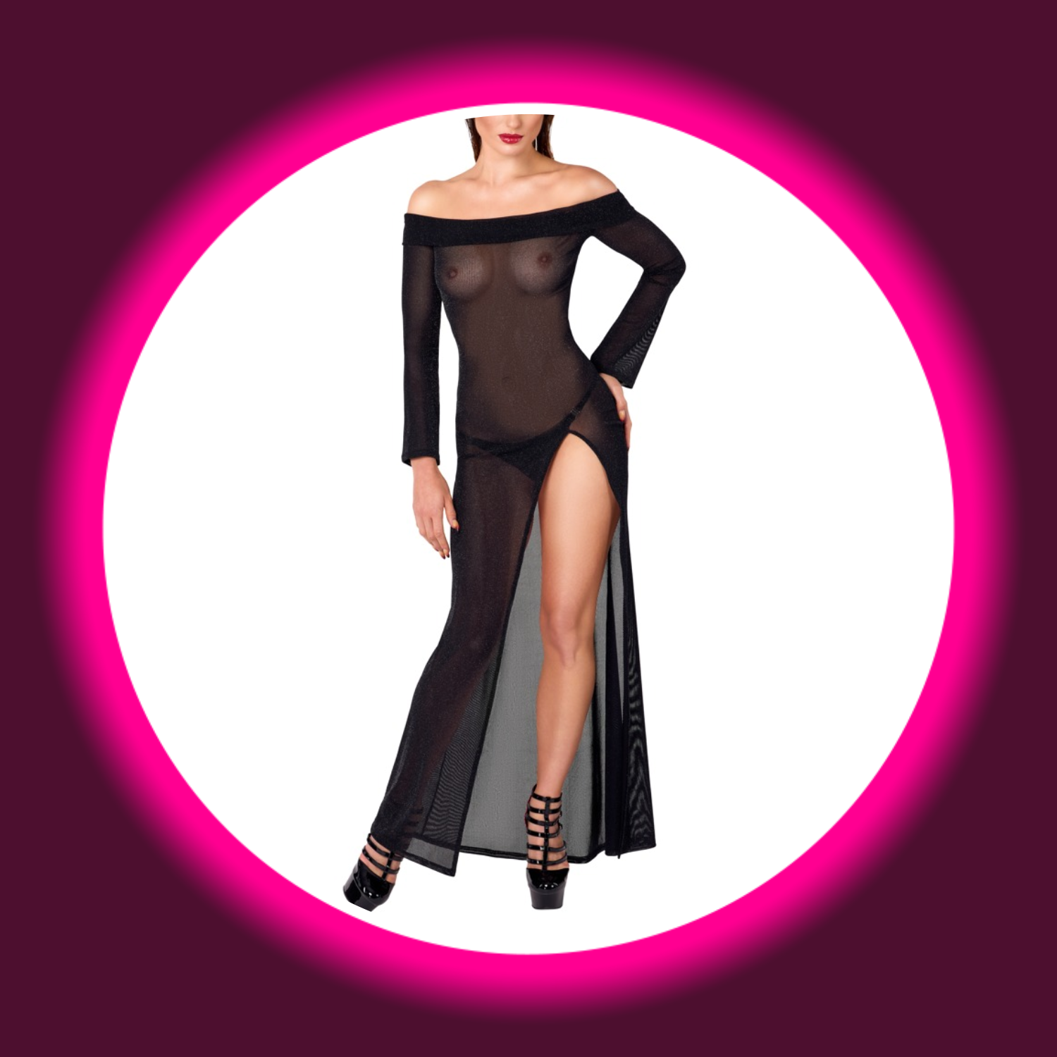 Frau in langem schwarzem Kleid mit hohem Schlitz und Carmenausschnitt, Noir Handmade