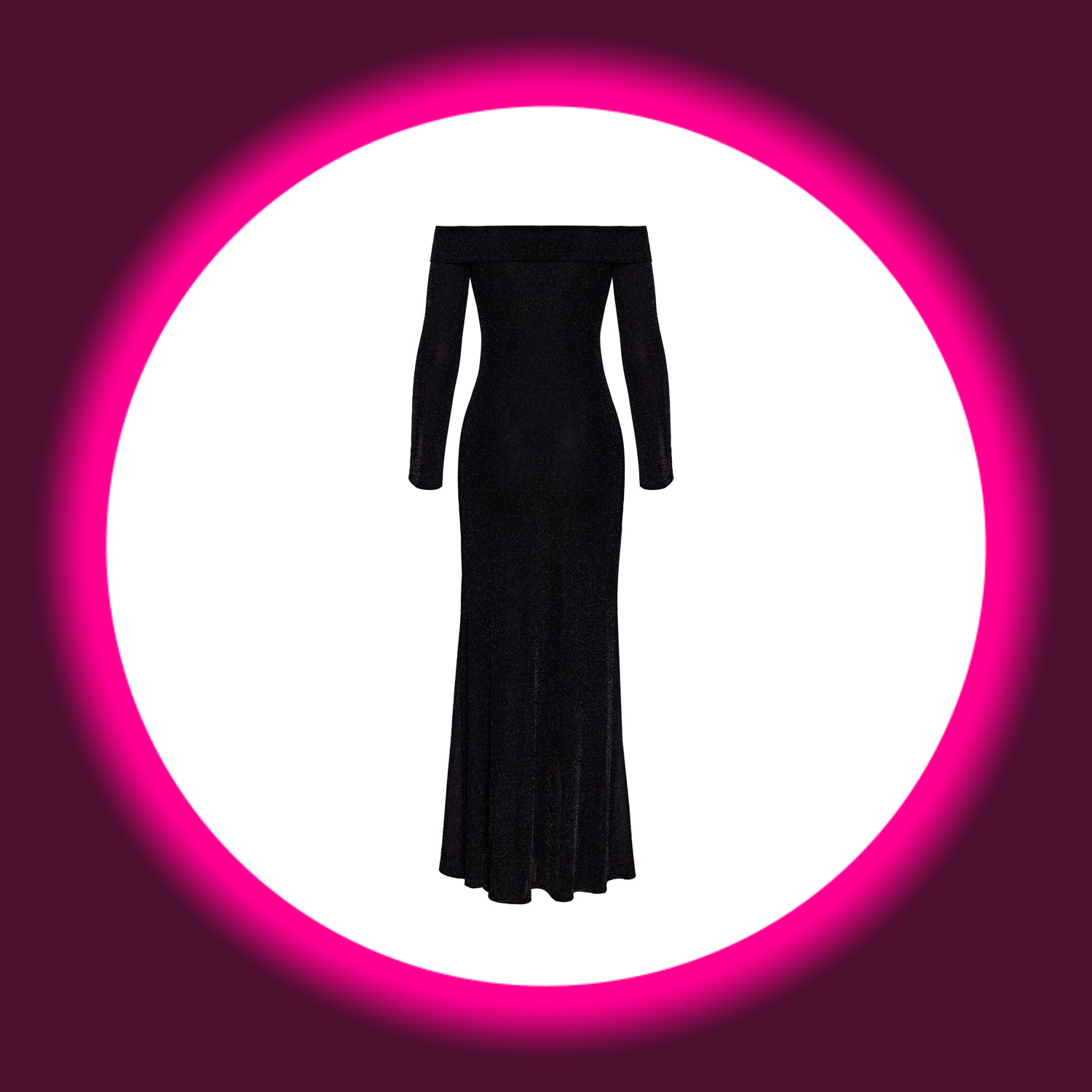 Rückansicht langes schwarzes Kleid mit langen Ärmeln und Carmenausschnitt, Noir Handmade