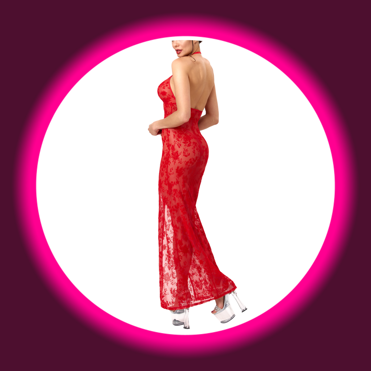 NOIR HANDMADE Maxi Kleid Plaything F418 rot – Seitenansicht am Model, vollständig offener Rücken, taillierte Silhouette mit floralem Flockmuster auf transparentem Tüll, Nackenband sichtbar