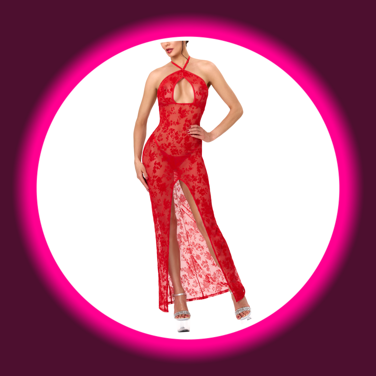 NOIR HANDMADE Maxi Kleid Plaything F418 rot – Frontansicht am Model, bodenlanges Kleid mit geöffnetem hohen vorderen Schlitz, ovalem Keyhole-Ausschnitt und floralem Flockmuster auf transparentem Tüll